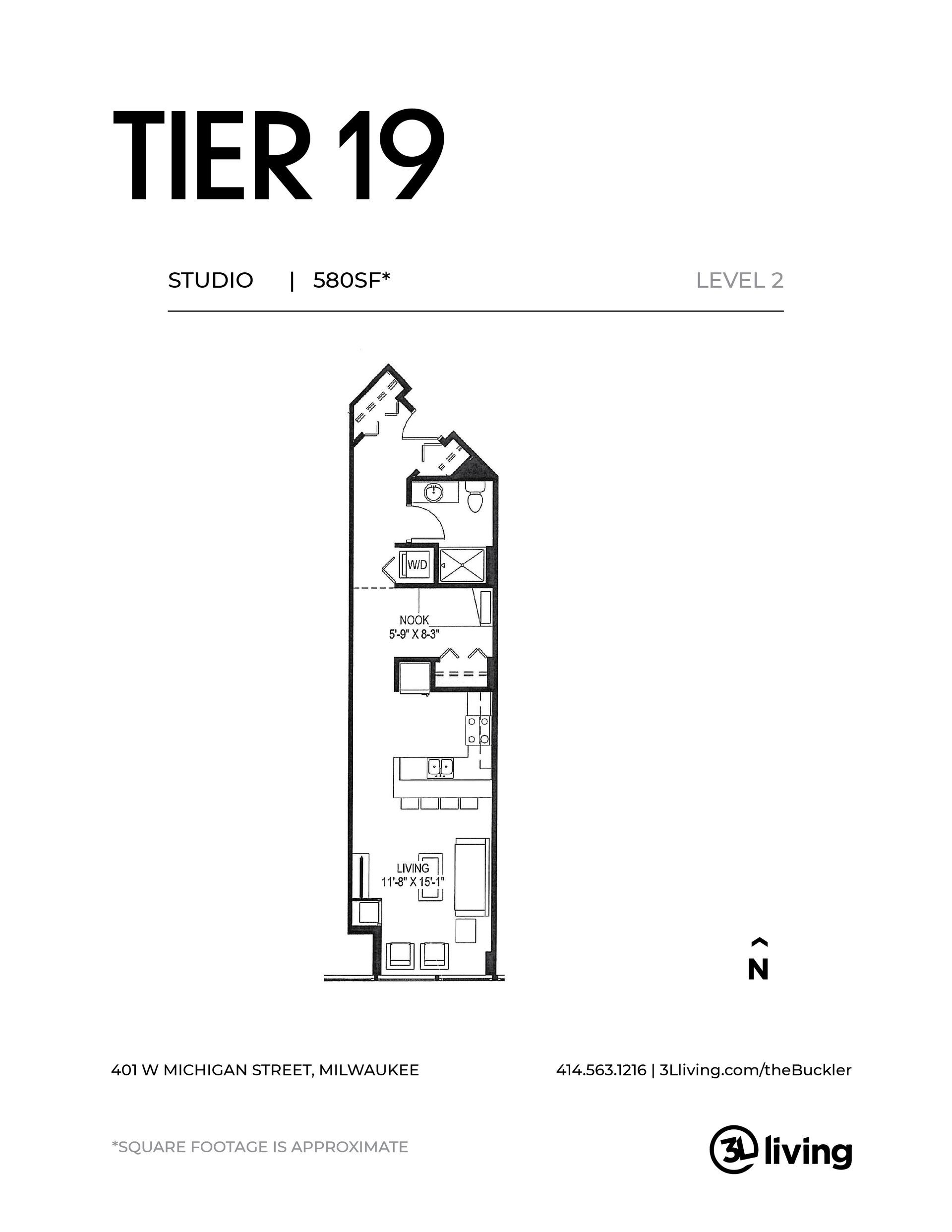 A black and white floor plan of a tier 19 apartment.