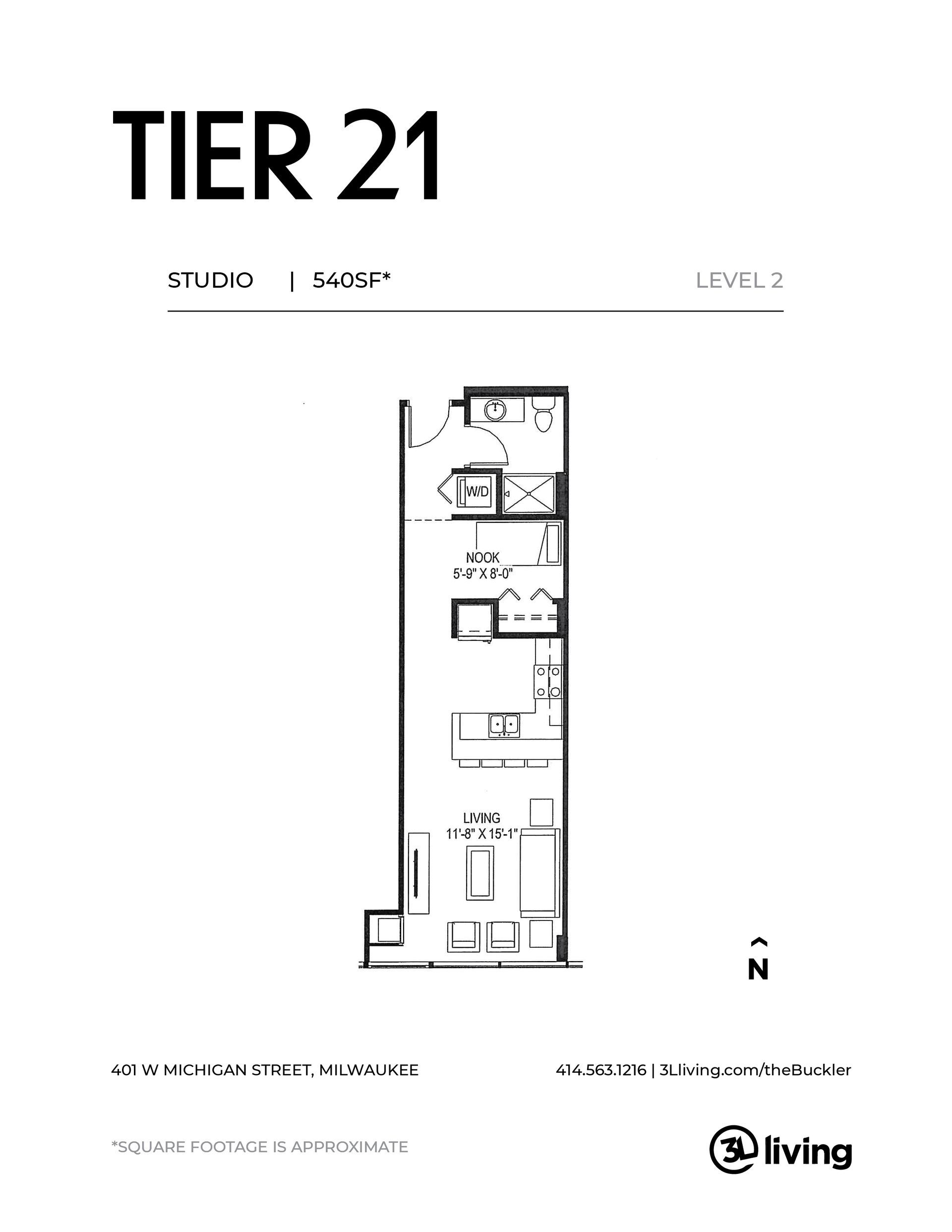 A black and white floor plan of a tier 21 apartment.