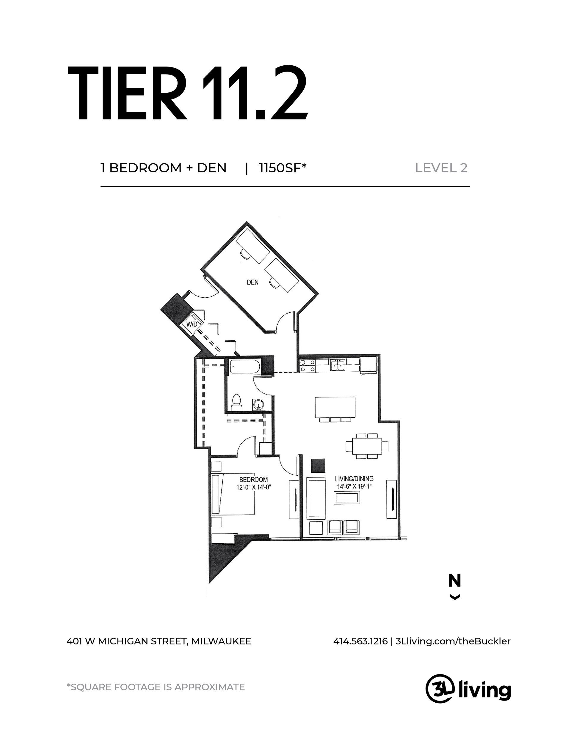 A black and white floor plan of a tier 11.2 apartment.