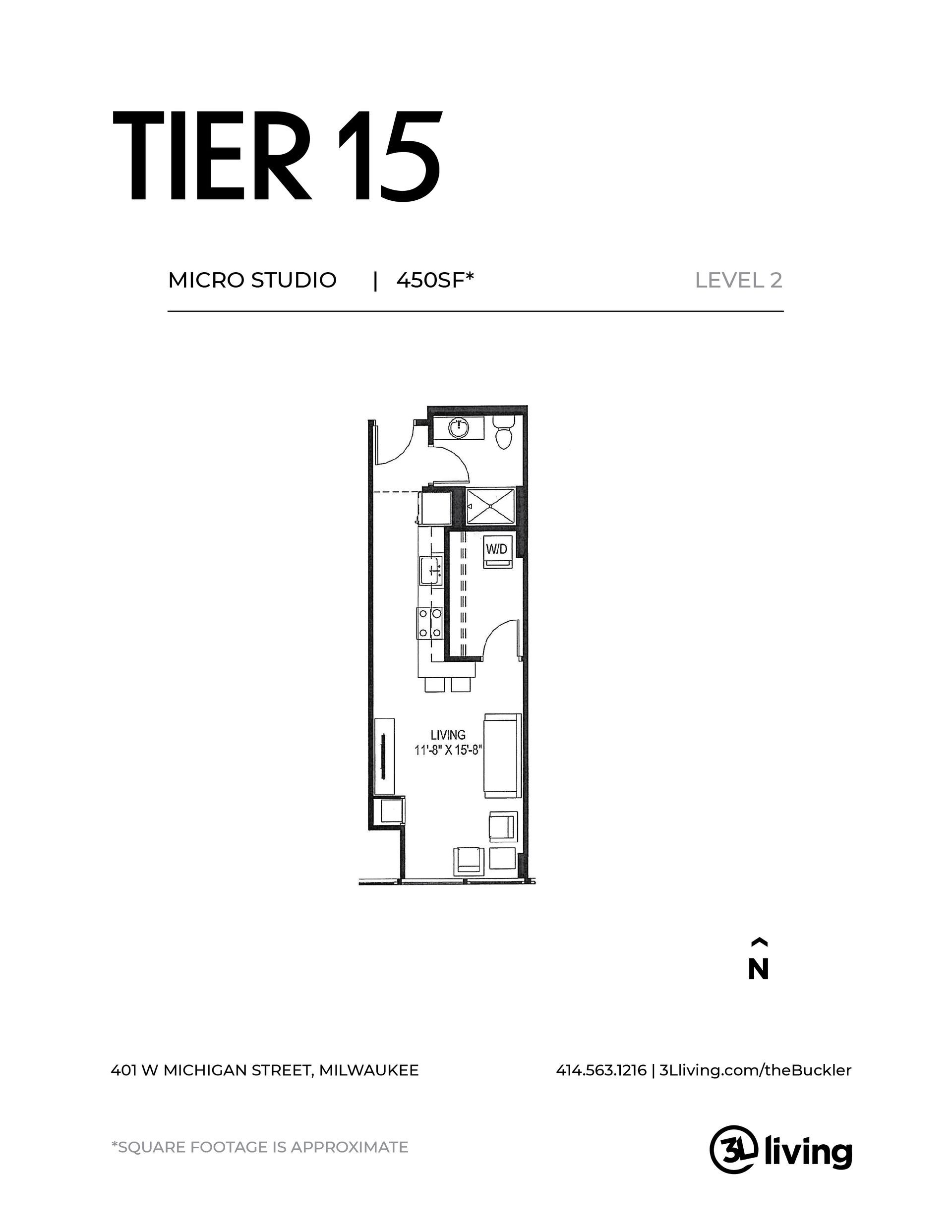 A black and white floor plan of a tier 15 apartment.