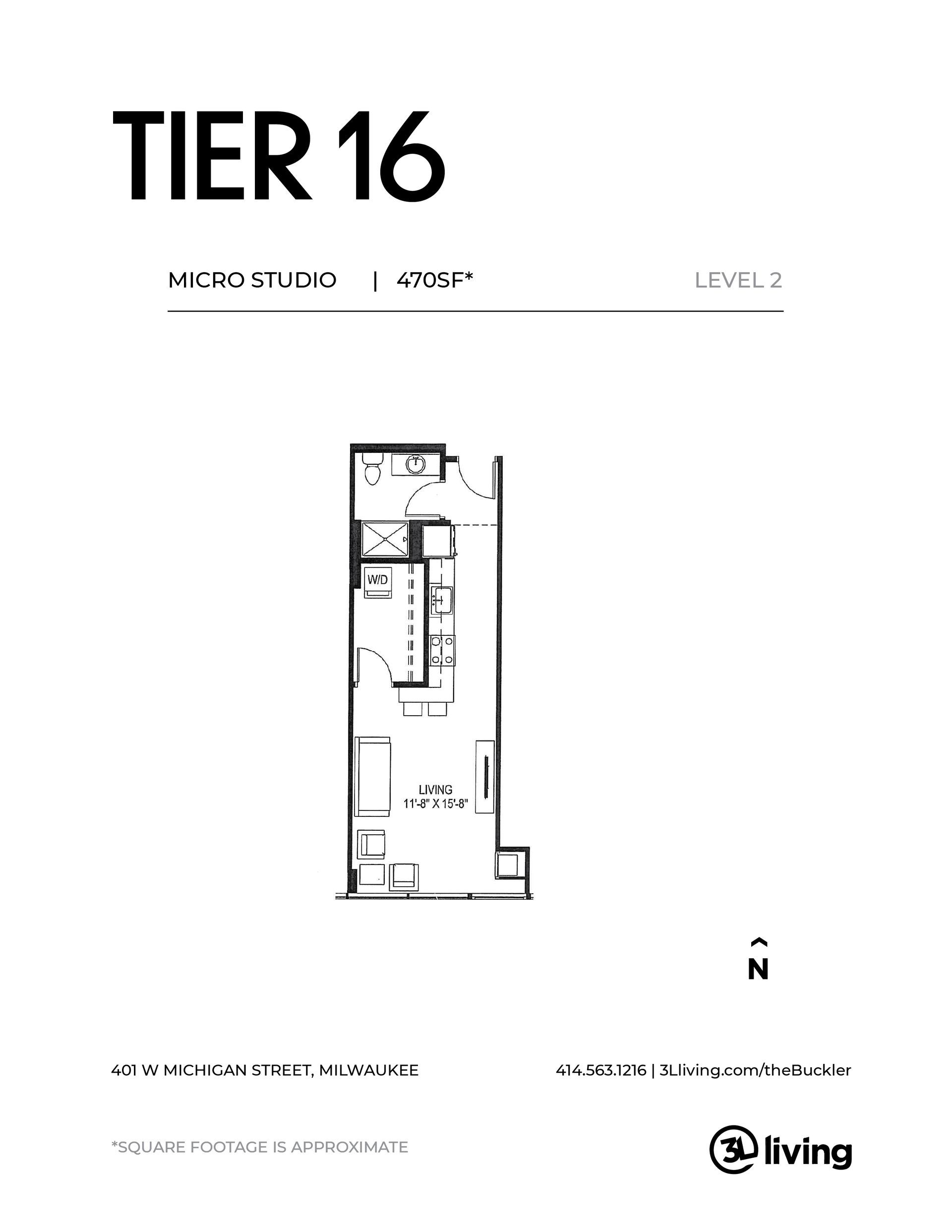 A black and white floor plan of a tier 16 apartment.