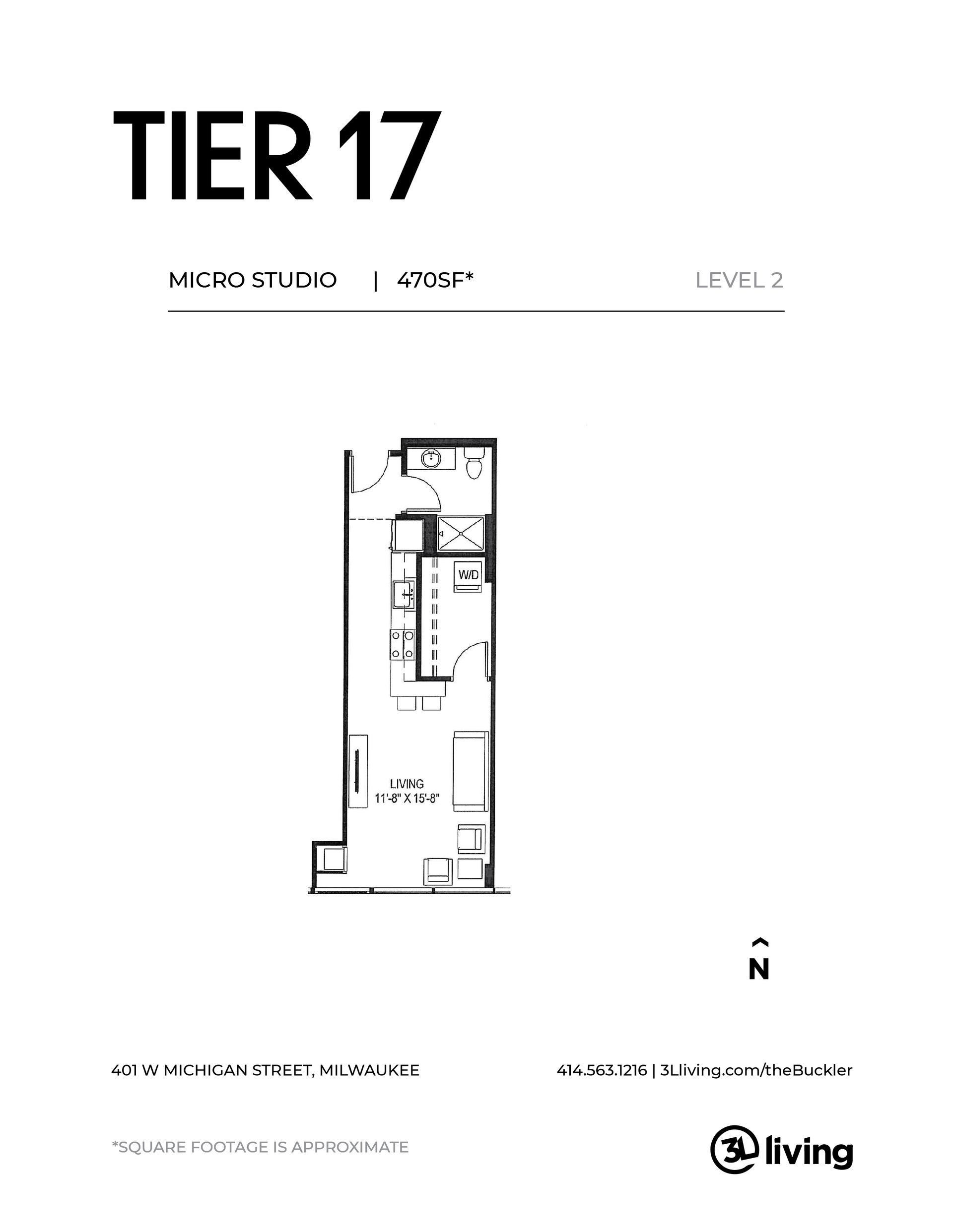 A black and white floor plan of a tier 17 apartment.