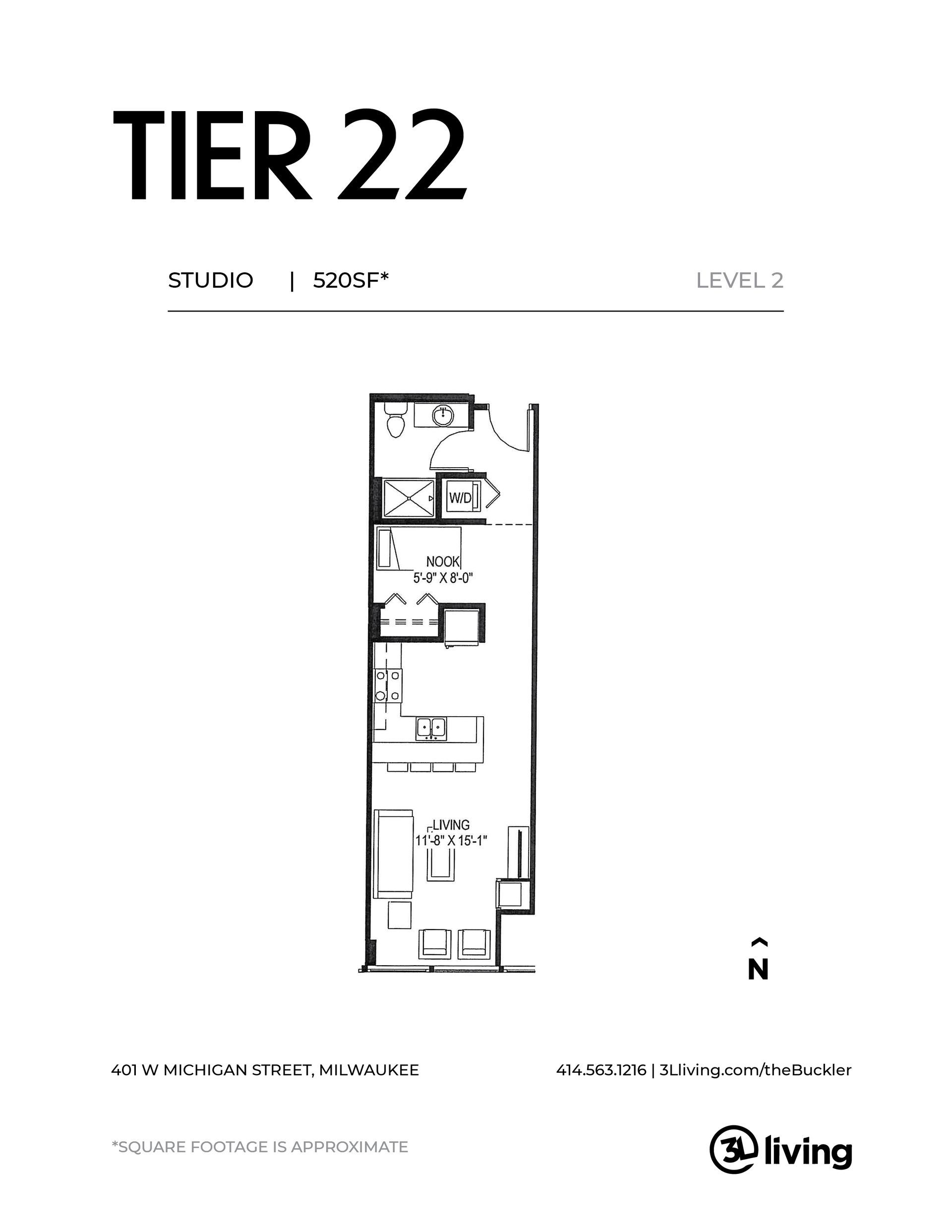 A black and white floor plan of a tier 22 apartment.