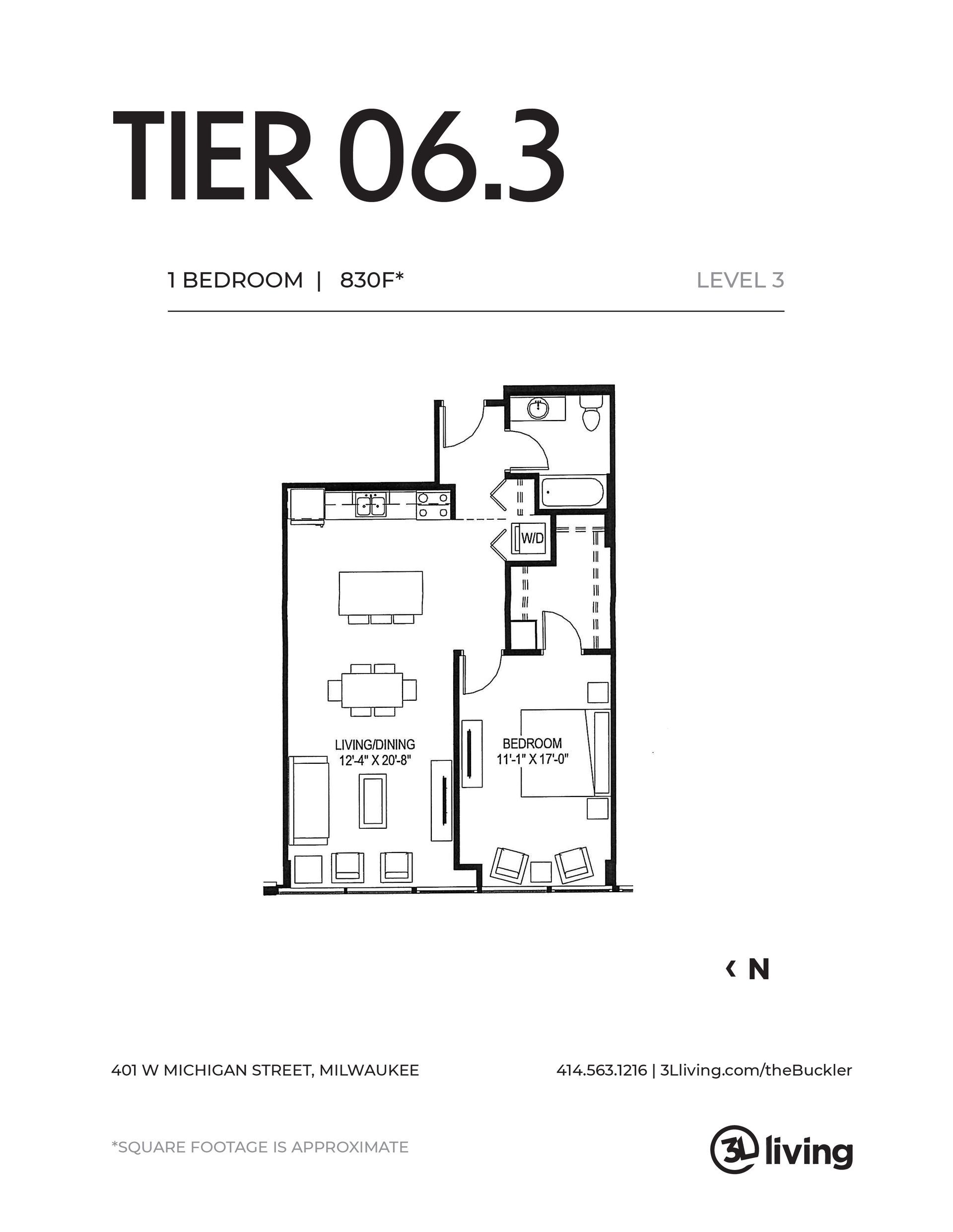 A black and white floor plan of a tier 06.3 apartment.