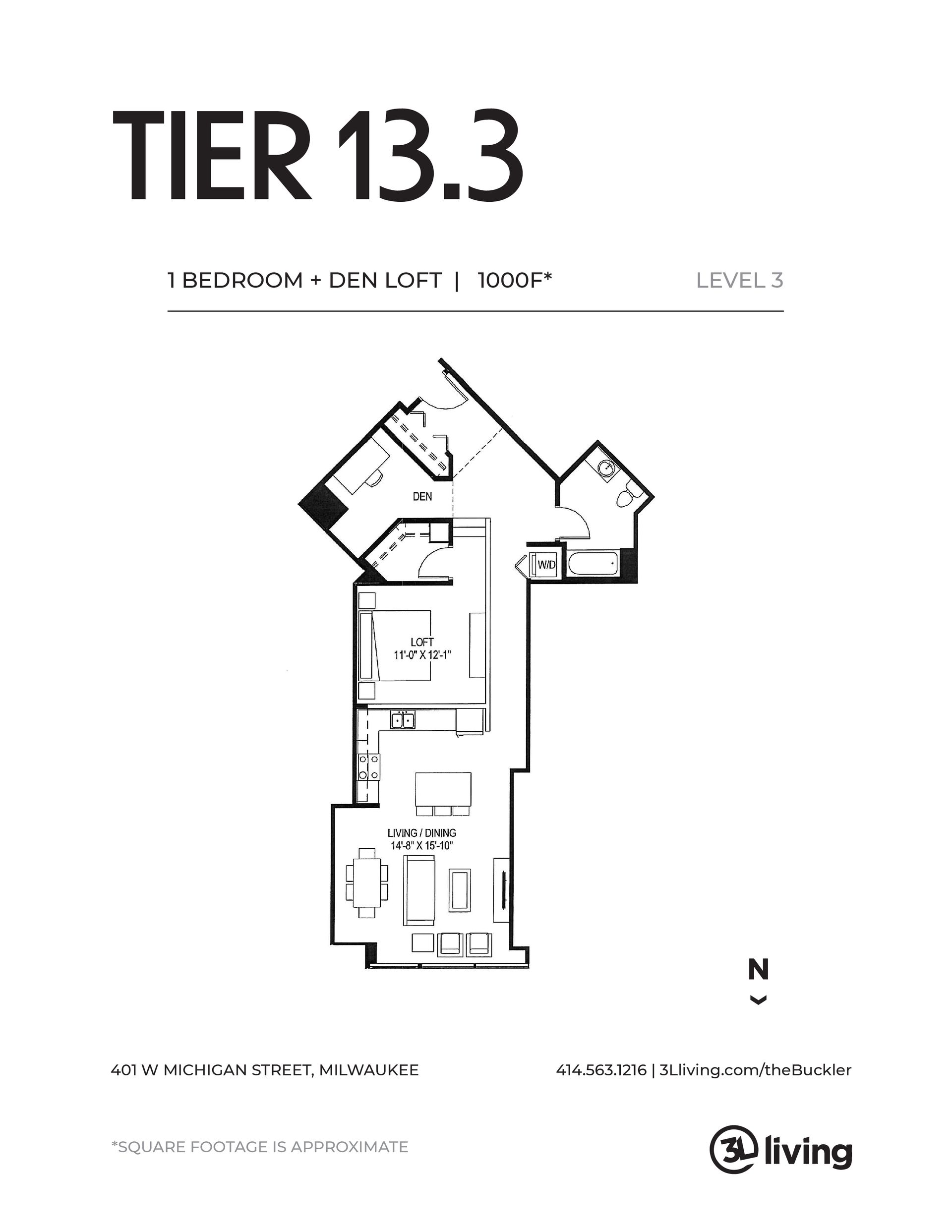 A black and white floor plan of a tier 13.3 apartment.