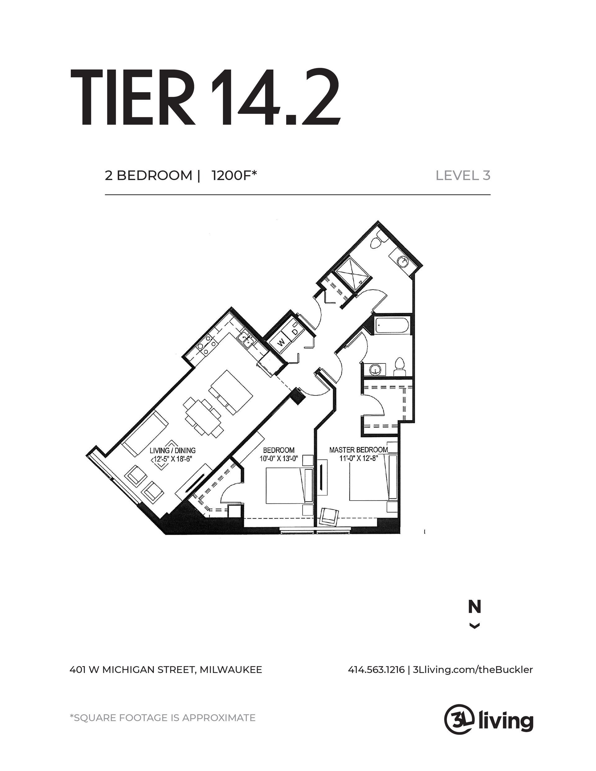 A black and white floor plan of a tier 14.2 apartment.