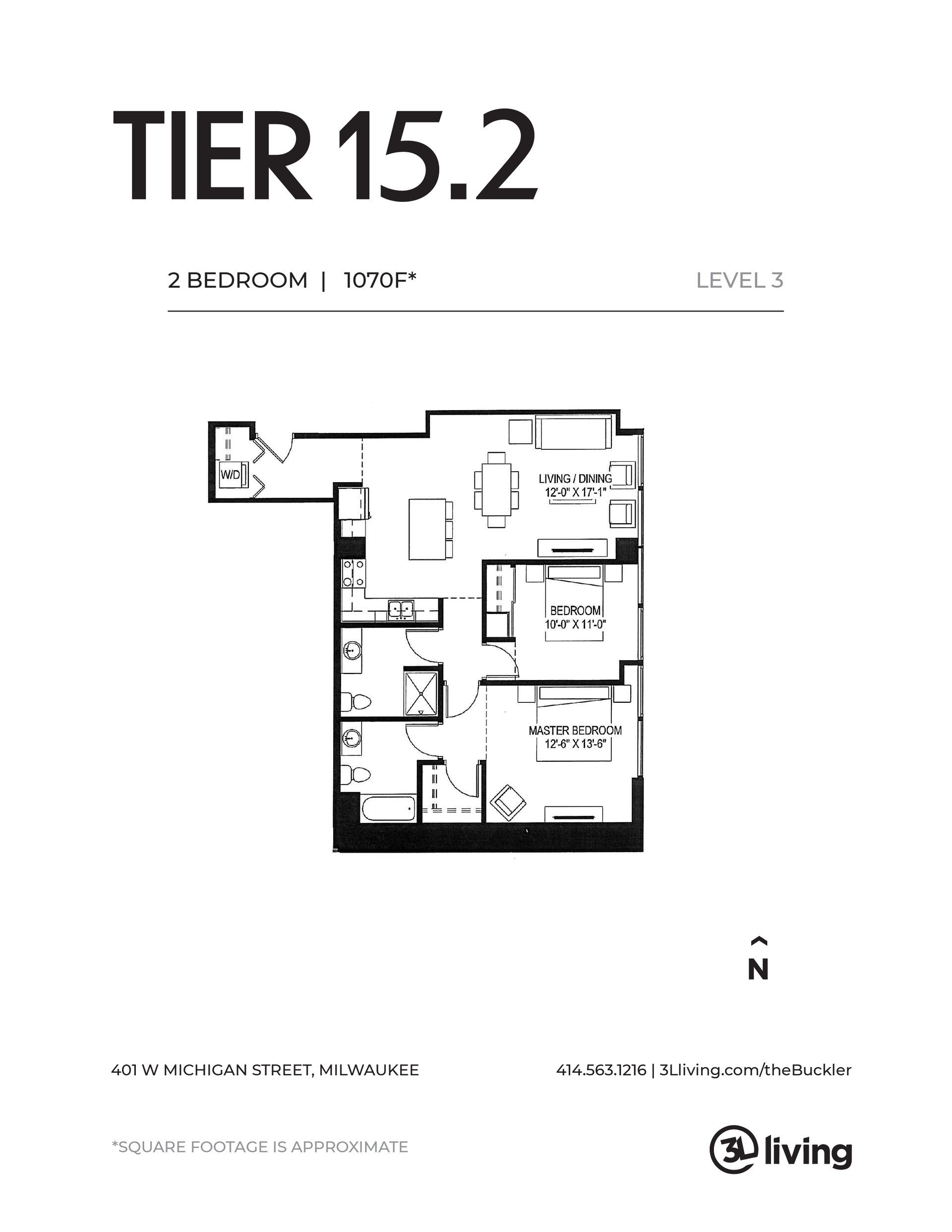 A black and white floor plan of a tier 15.2 apartment.