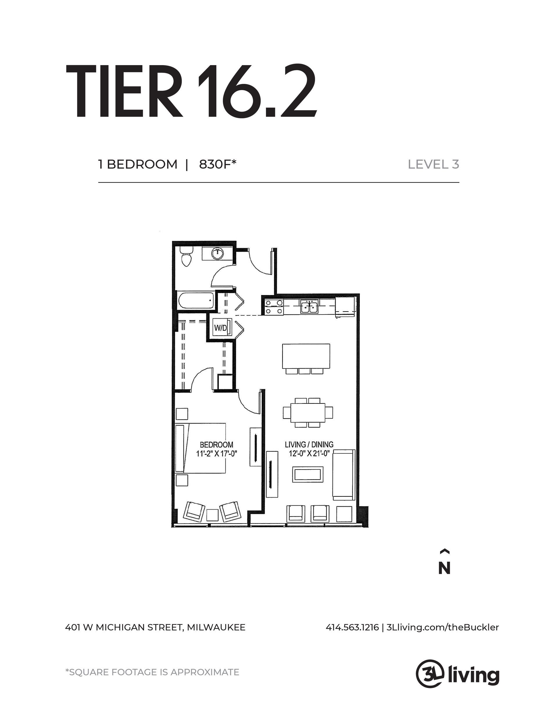 A black and white floor plan of a tier 16.2 apartment.