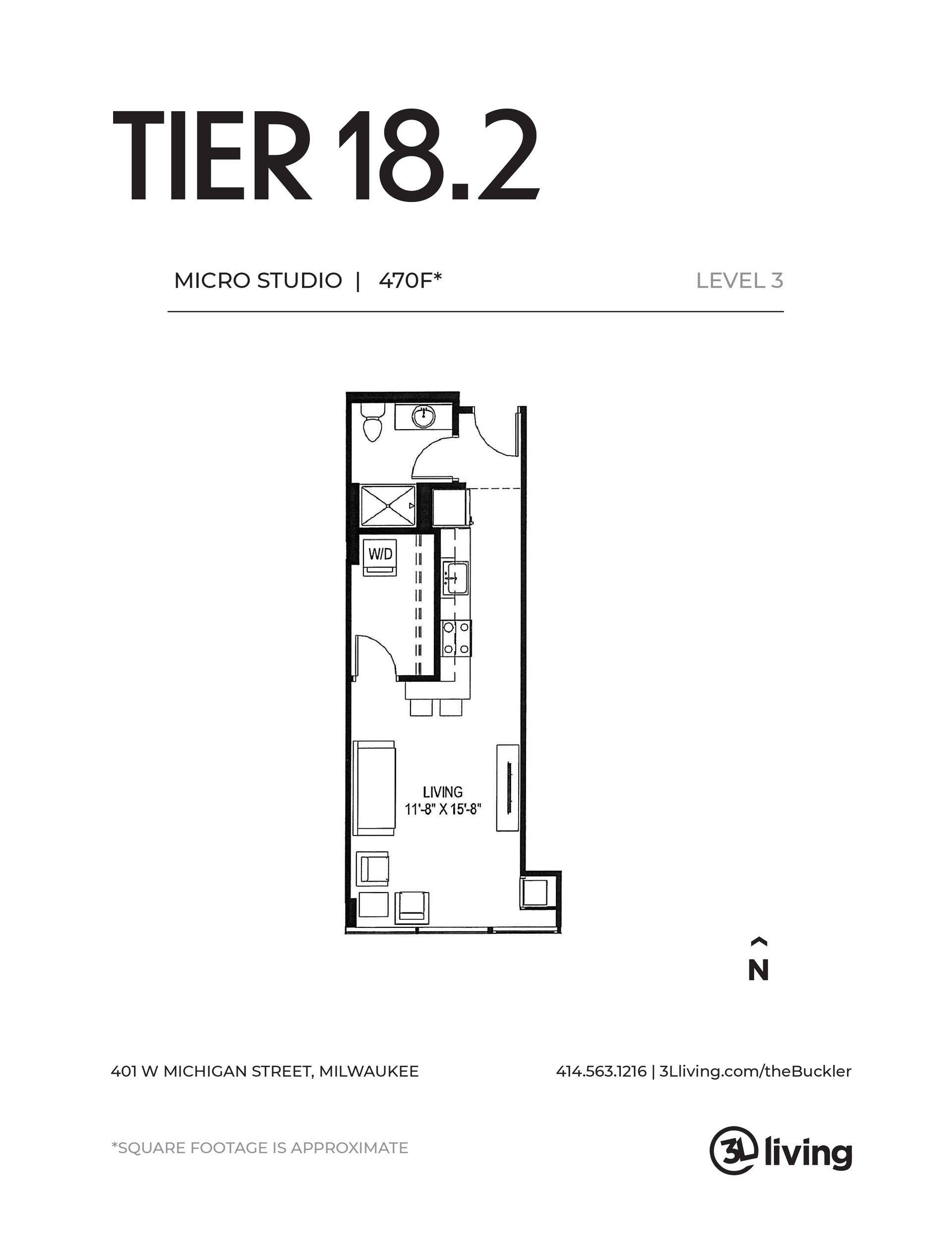 A black and white floor plan of a tier 18.2 apartment.