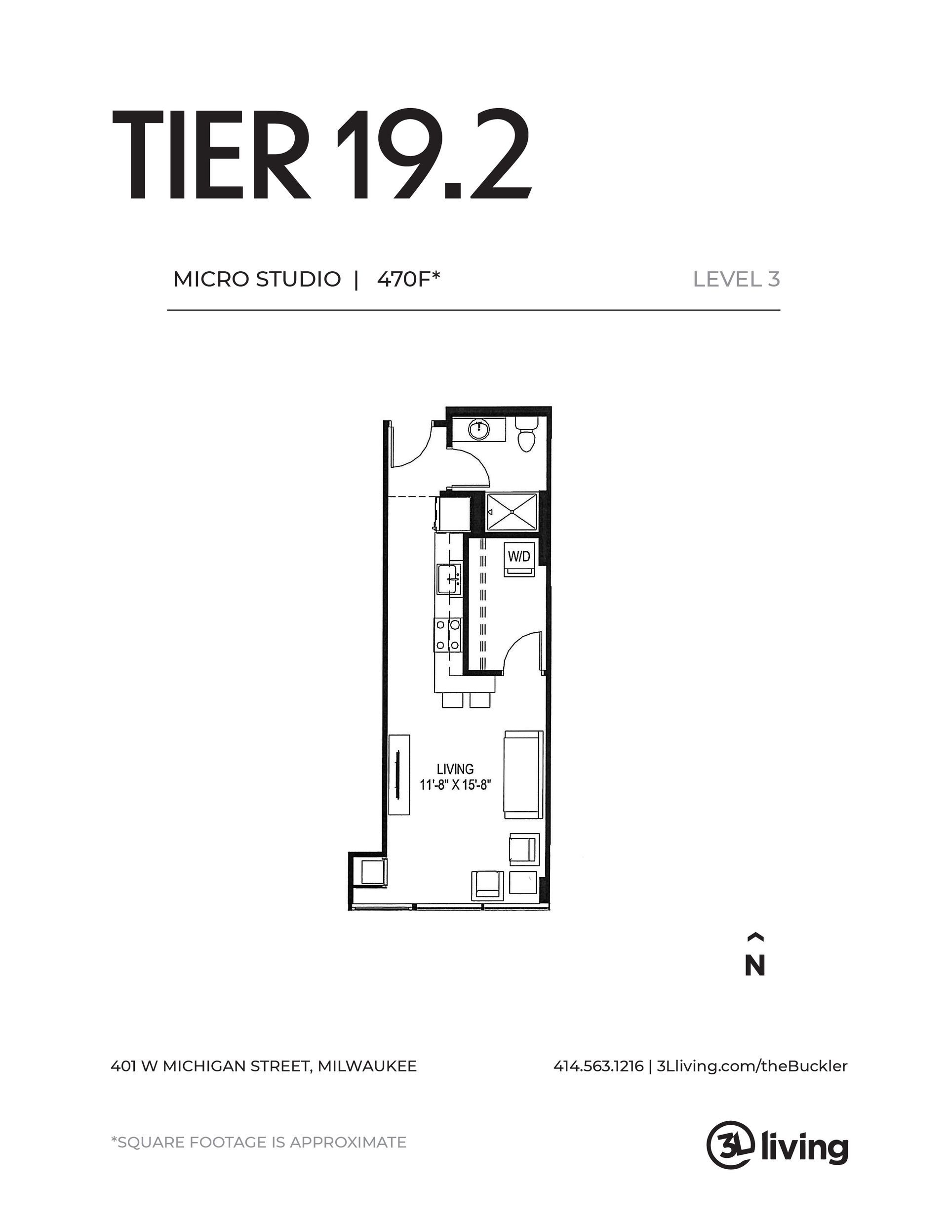 A black and white floor plan of a tier 19.2 apartment.