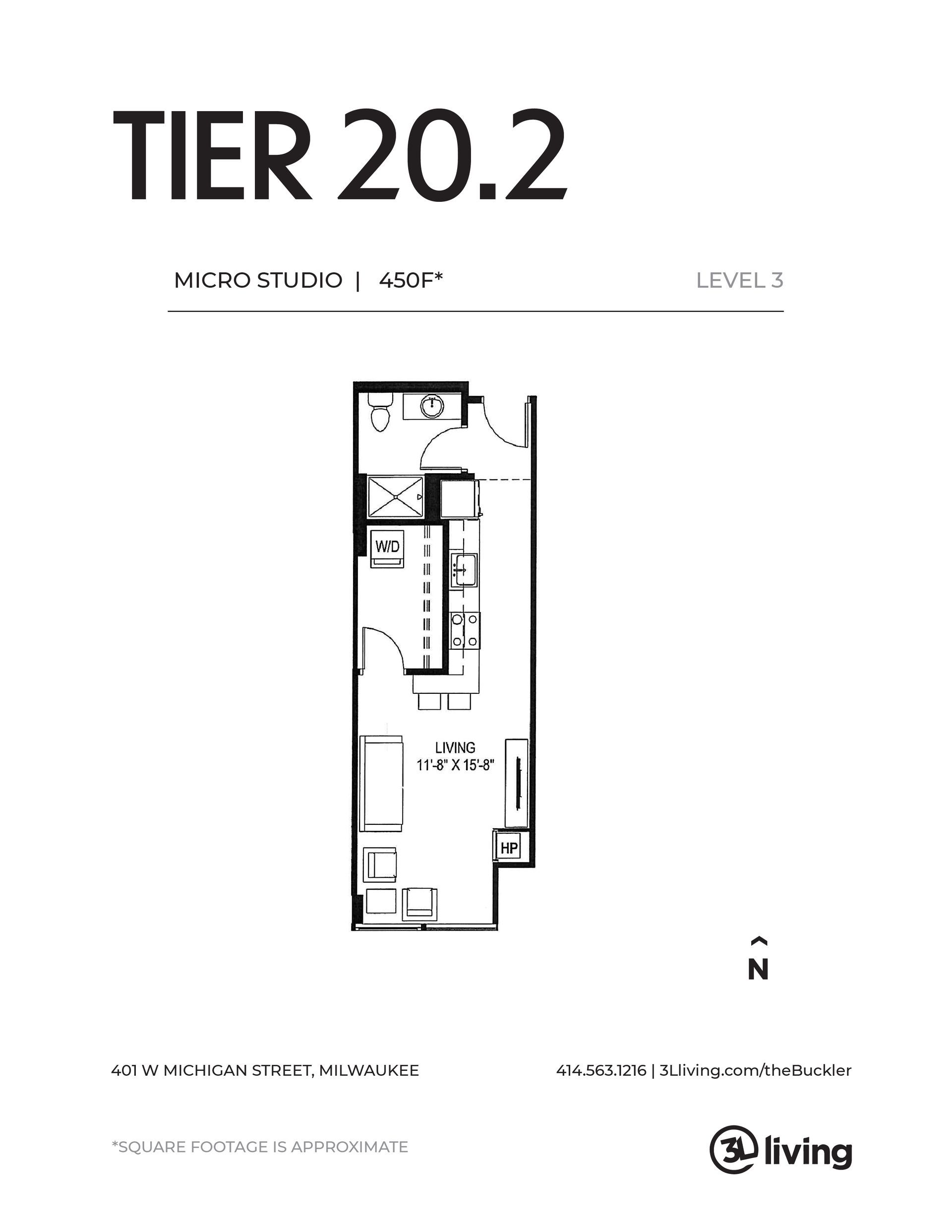 A black and white floor plan of a tier 20.2 apartment.