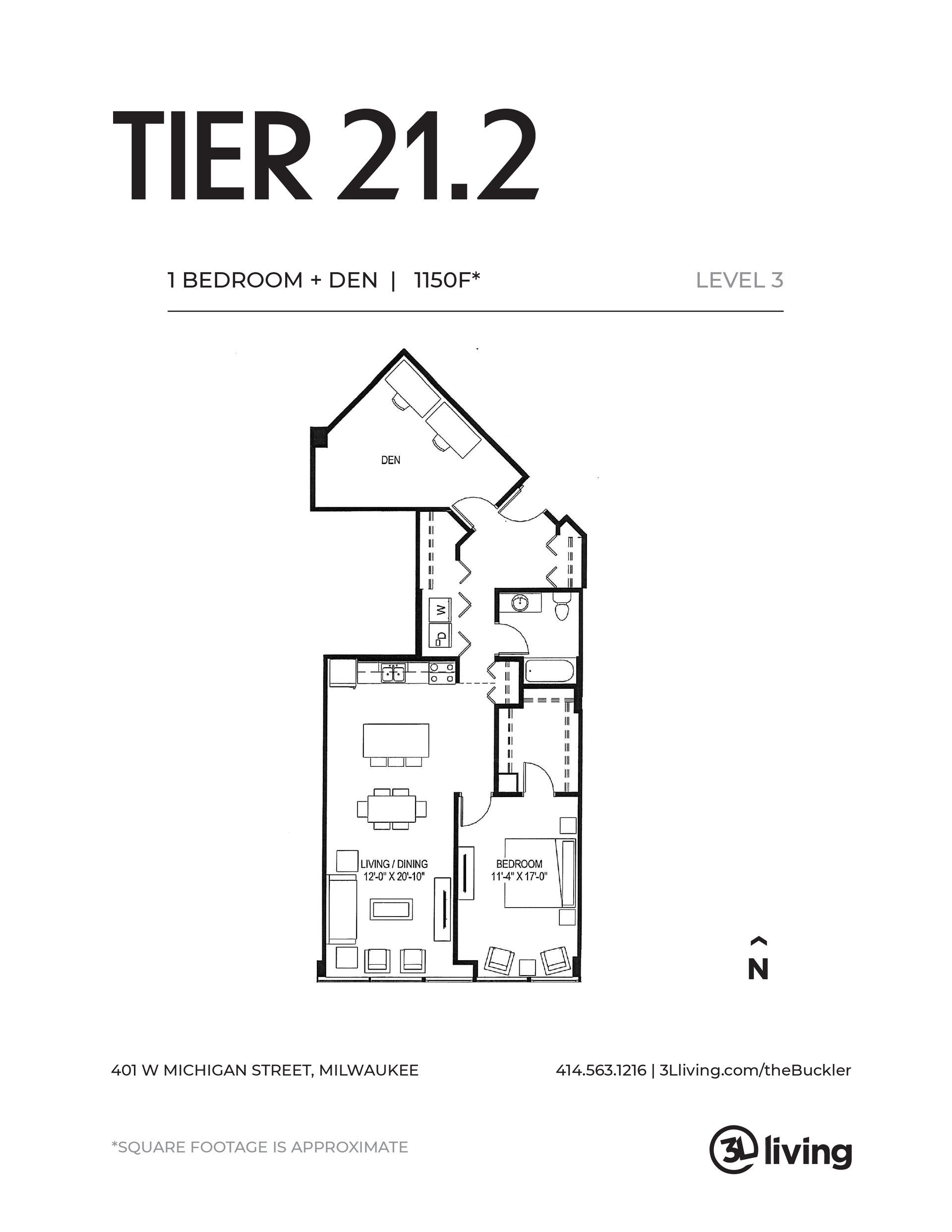 A black and white floor plan of a tier 21.2 apartment.