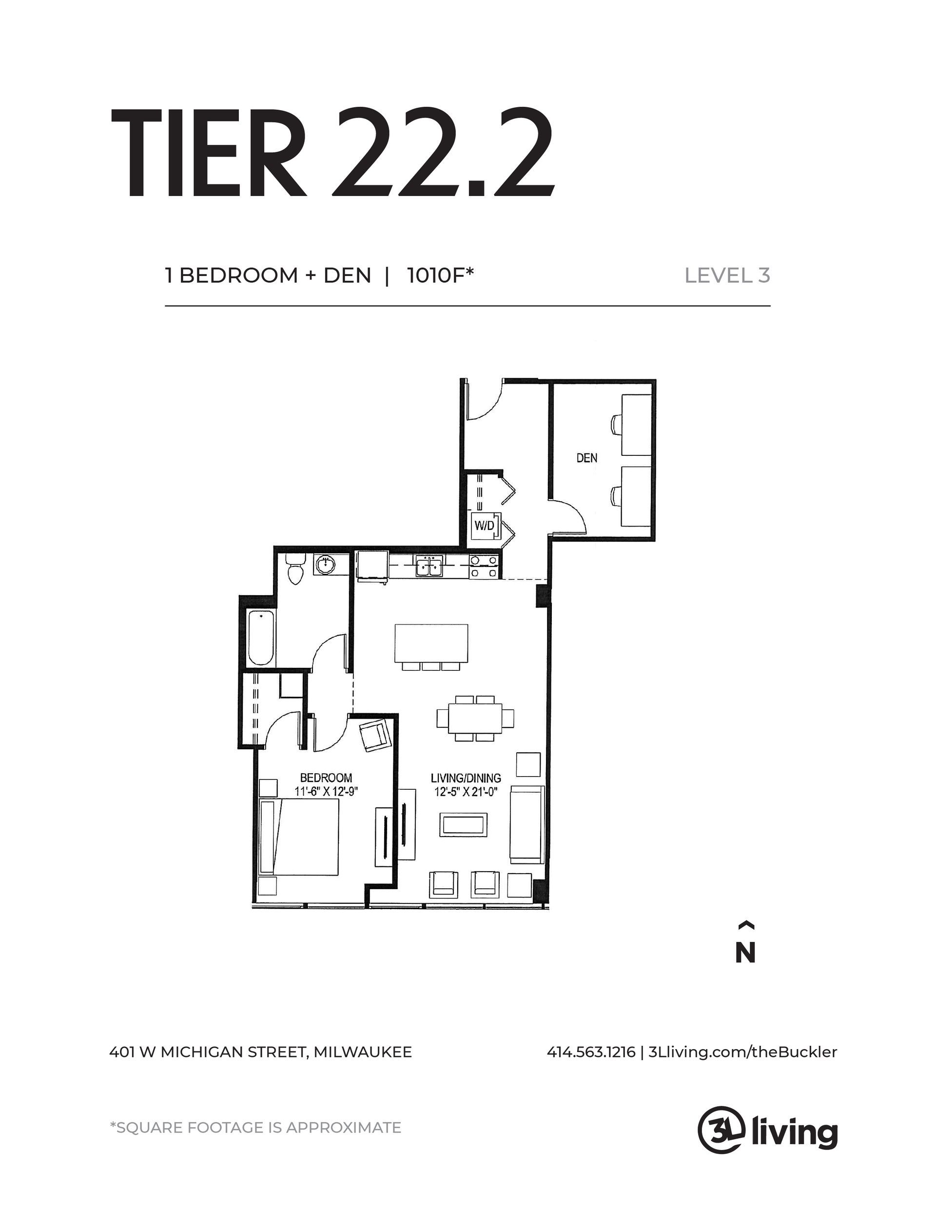 A black and white floor plan of a tier 22.2 apartment.