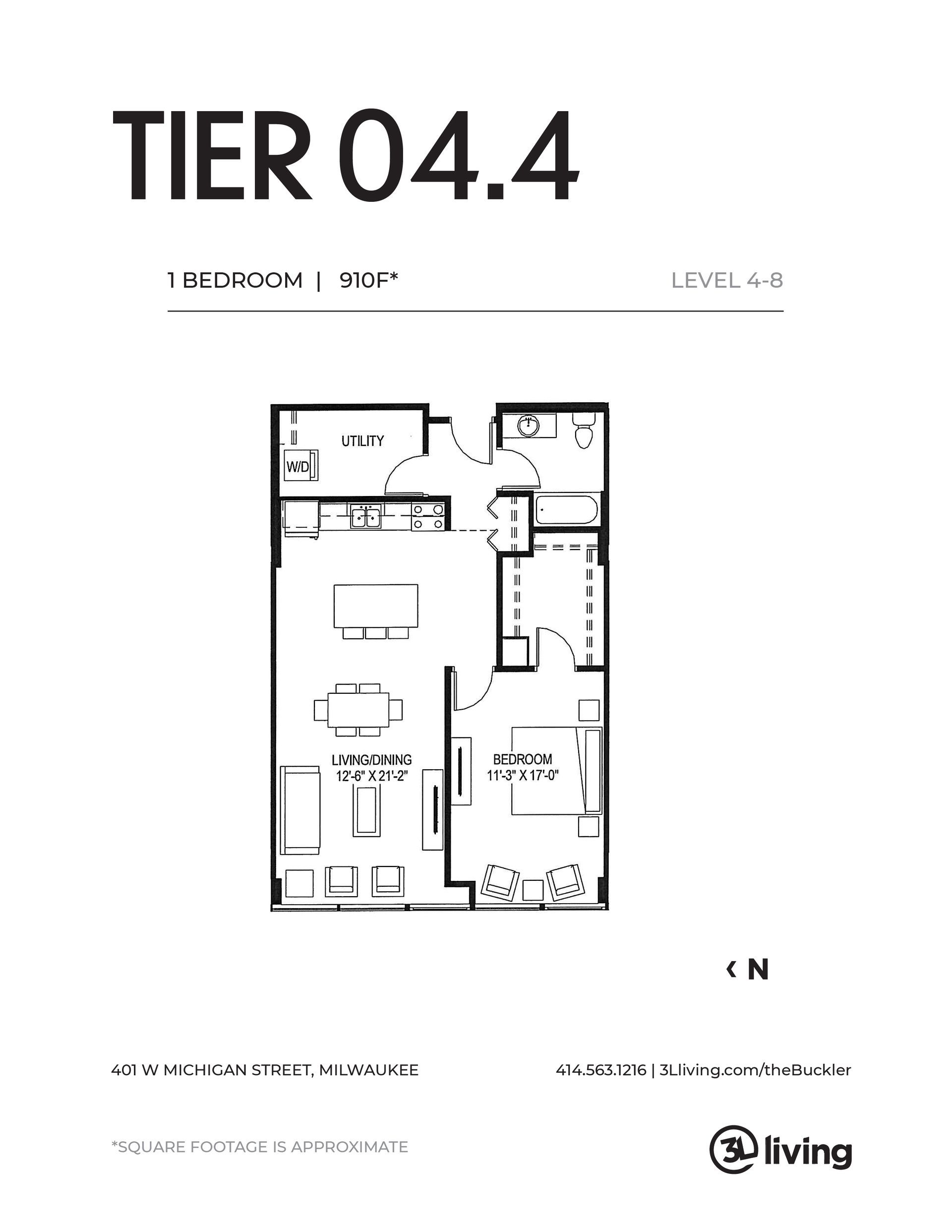 A black and white floor plan of a single bedroom apartment.