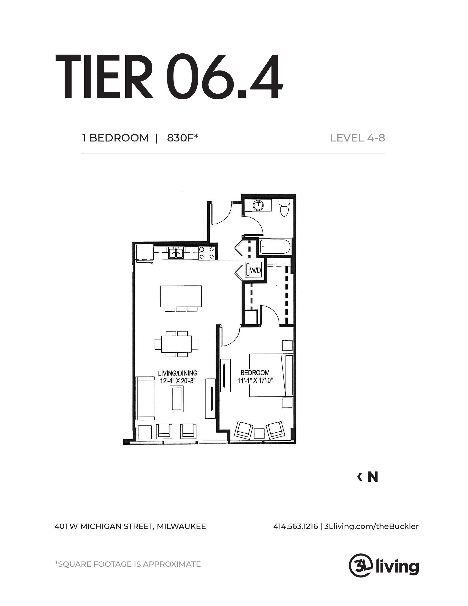 A black and white floor plan of a tier 06.4 apartment.