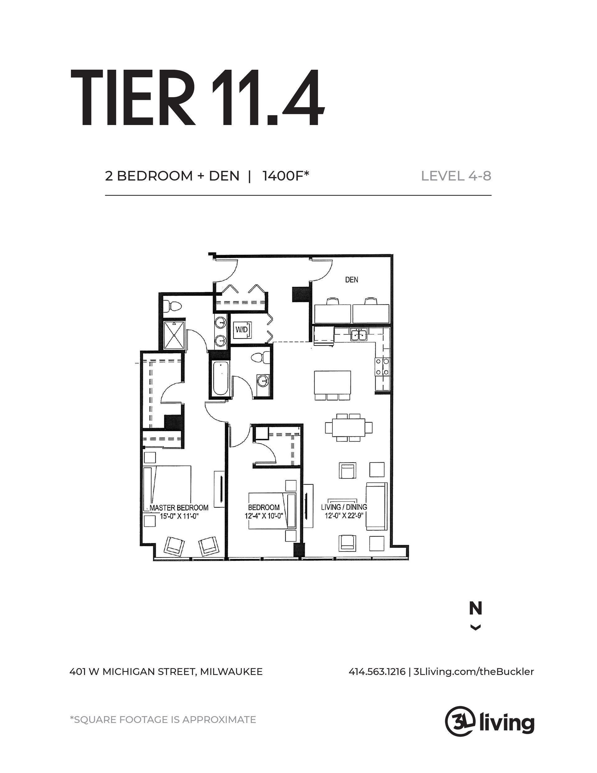 A black and white floor plan of a tier 11.4 apartment.