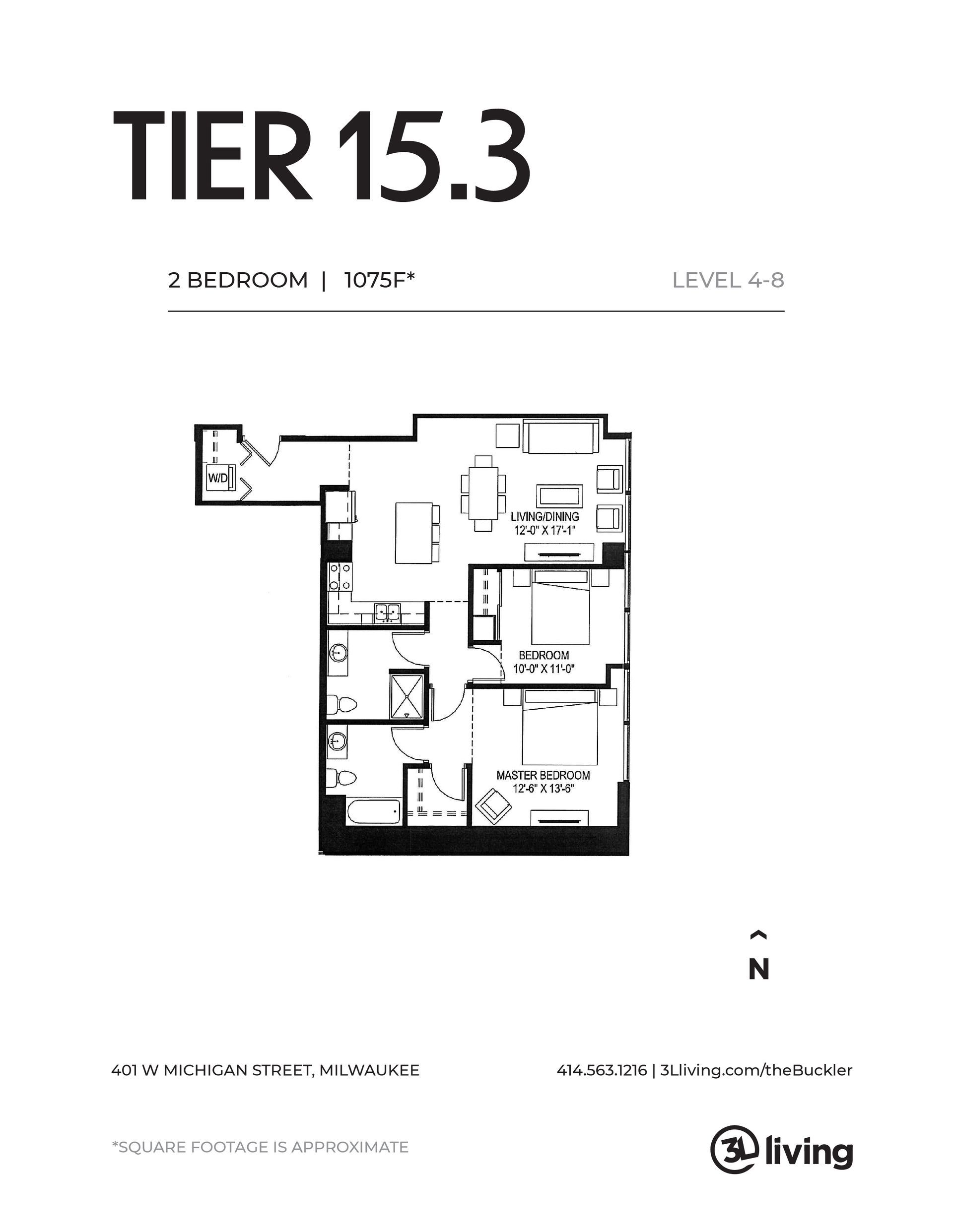 A black and white floor plan of a tier 15.3 apartment.