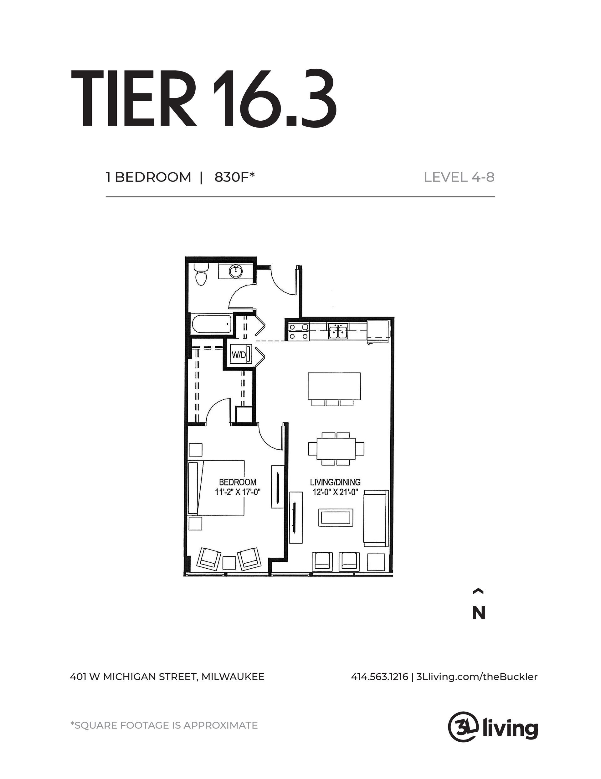 A black and white floor plan of a tier 16.3 apartment.