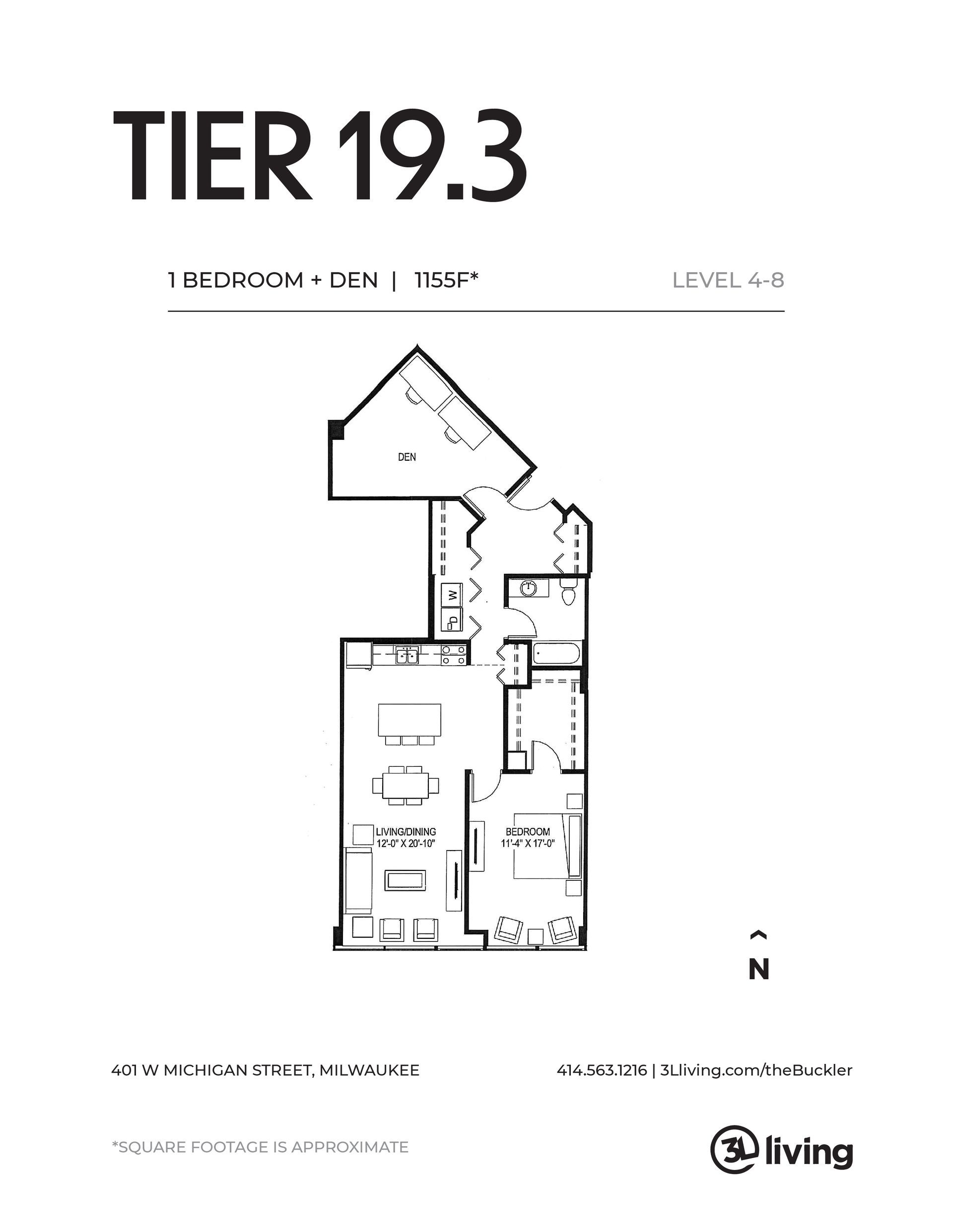 A black and white floor plan of a tier 19.3 apartment.