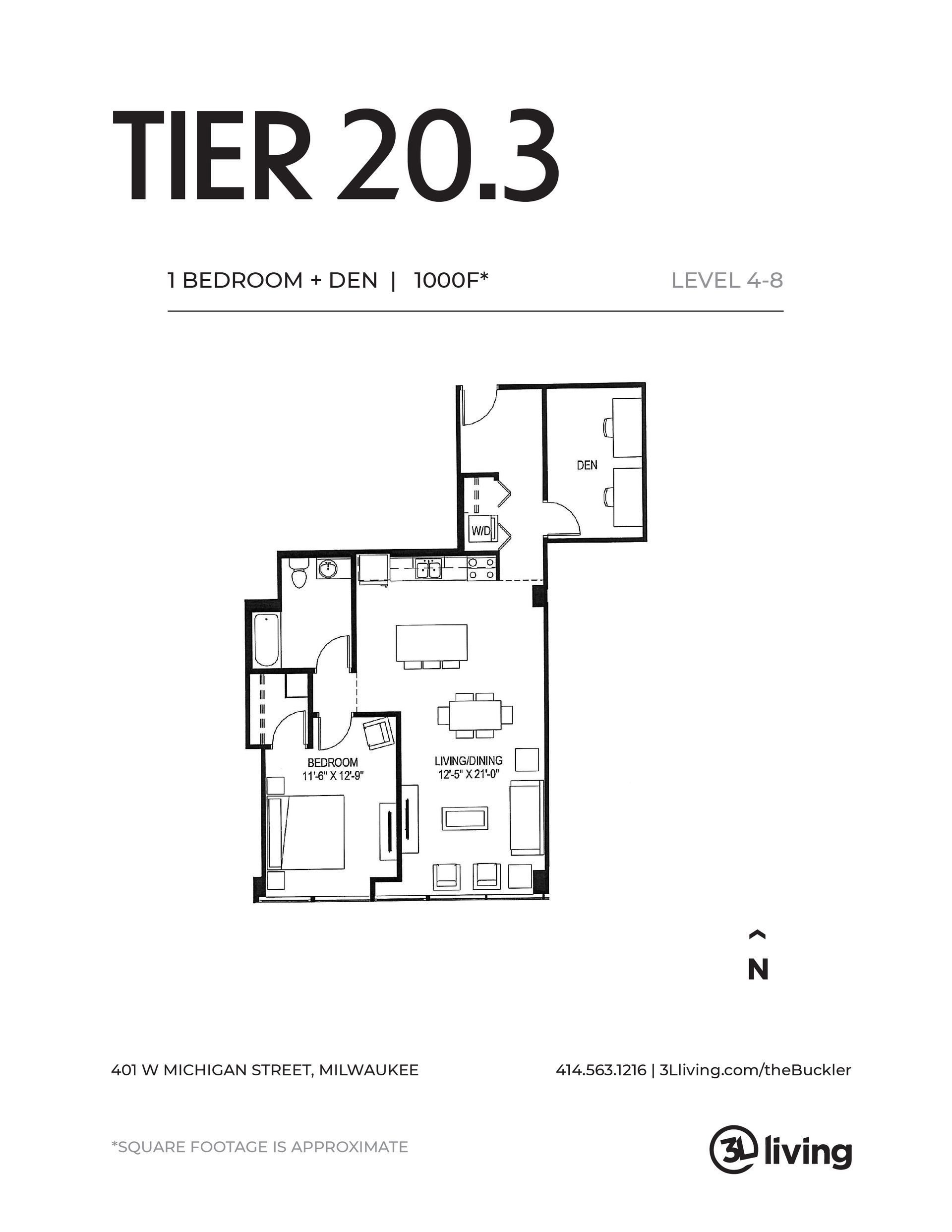 A black and white floor plan of a tier 20.3 apartment.