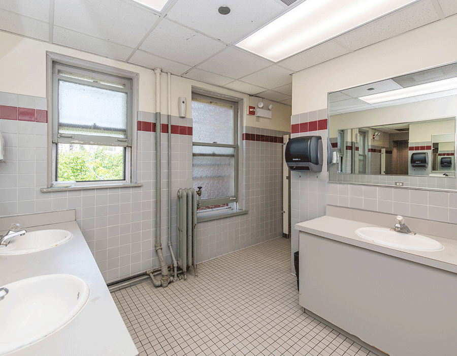 A bathroom with two sinks and a mirror.