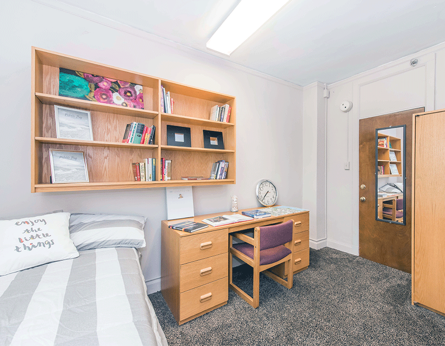 A bedroom with a bed , desk , chair and shelves.