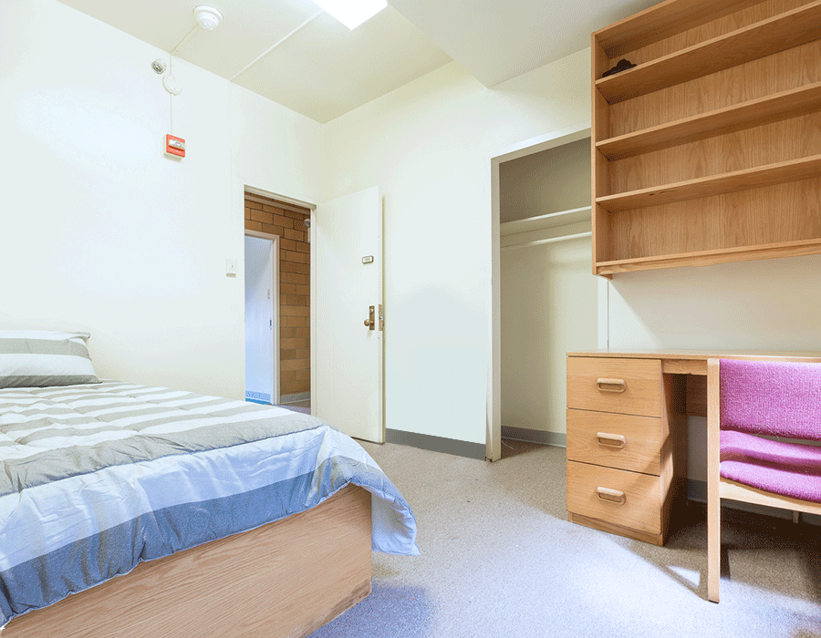 A bedroom with a bed , desk , shelves and a closet.