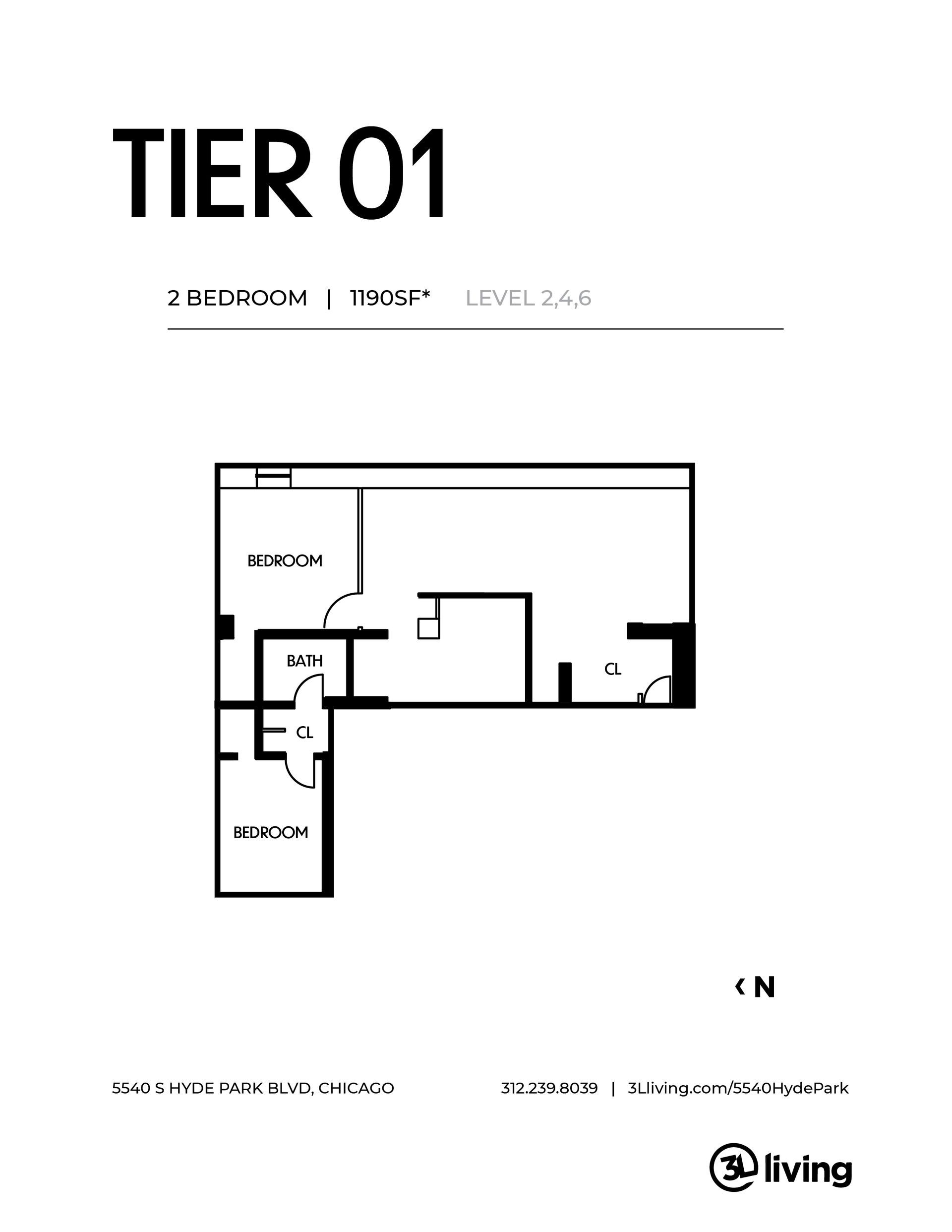 A black and white floor plan of a tier 01 apartment.