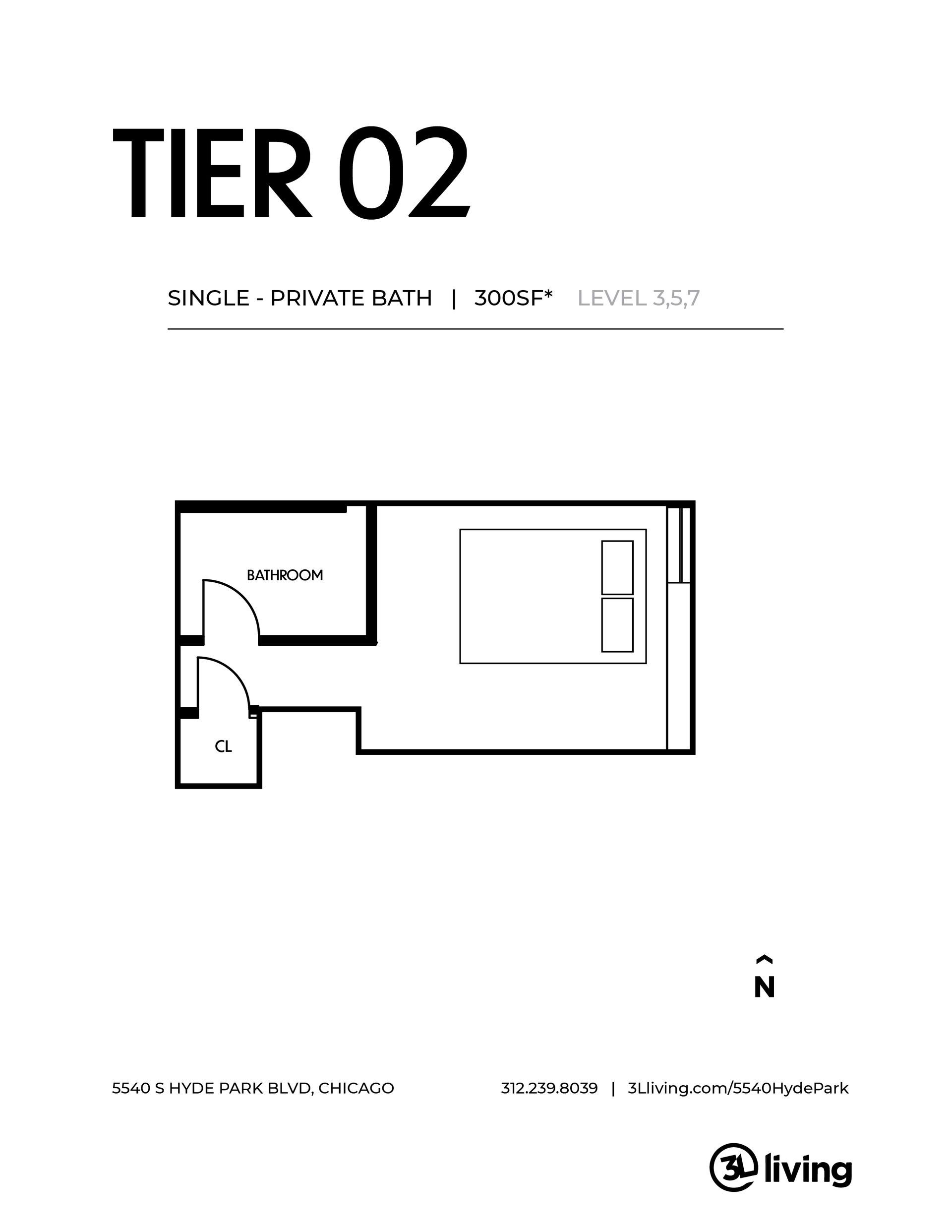 A black and white floor plan of a tier 02 apartment.