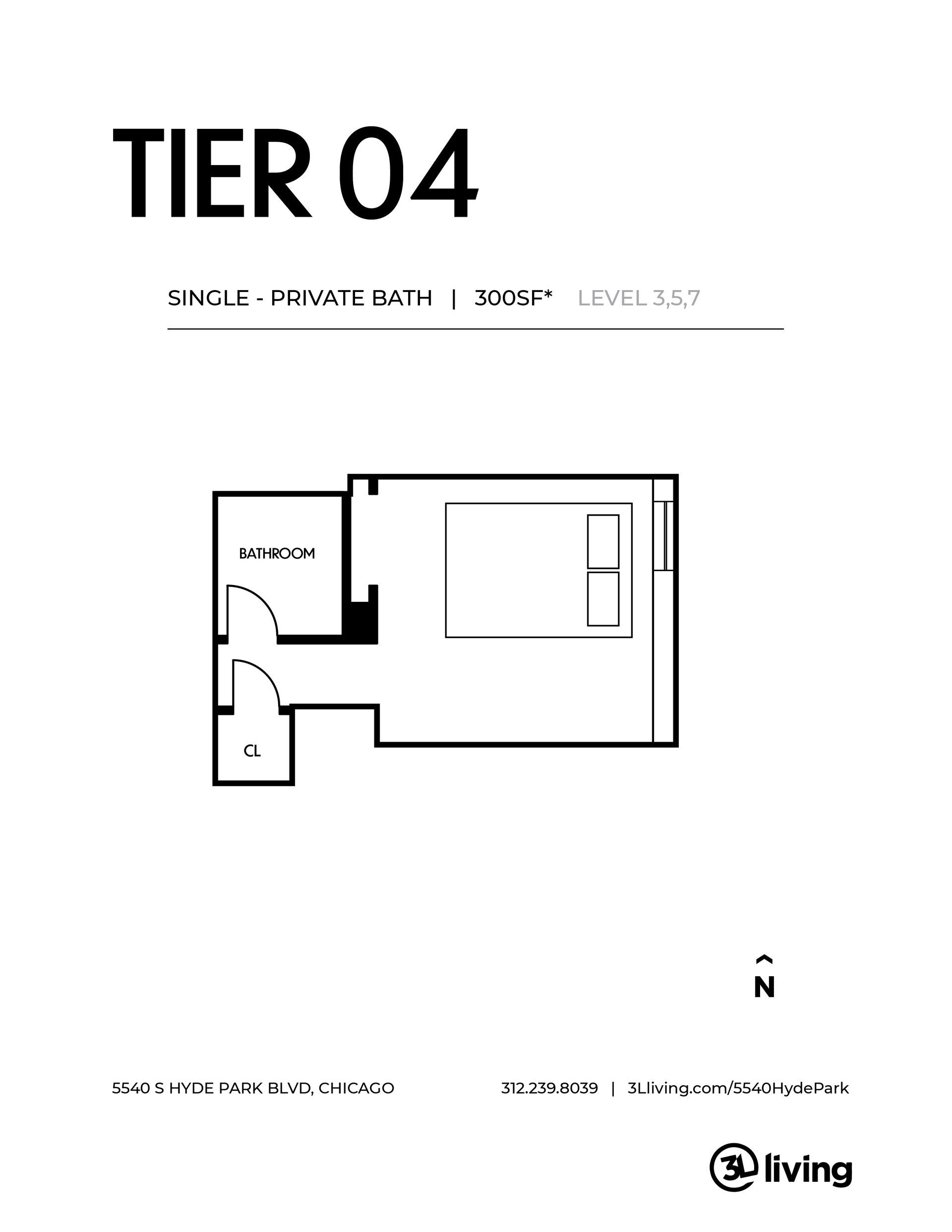 A black and white floor plan of a tier 04 apartment.