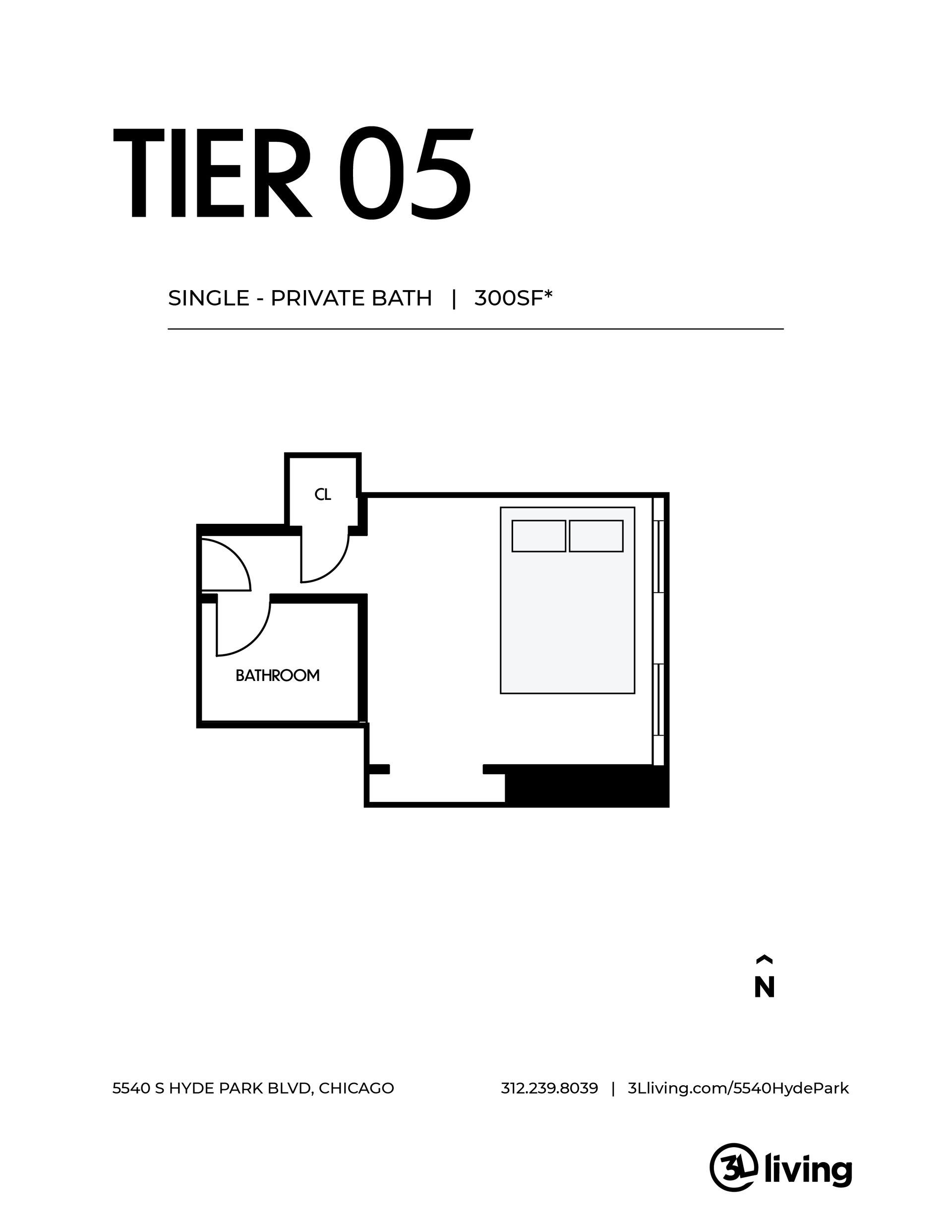 A black and white floor plan of a tier 05 apartment.