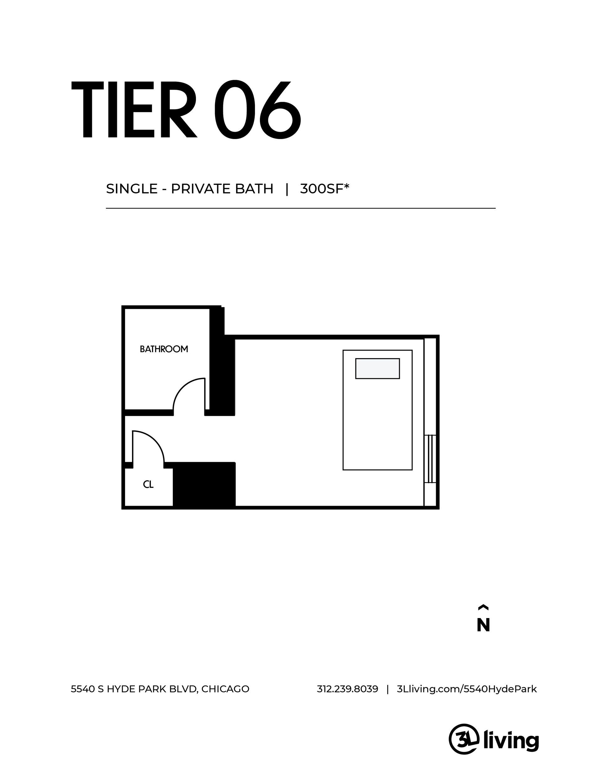 A black and white floor plan of a tier 06 apartment.