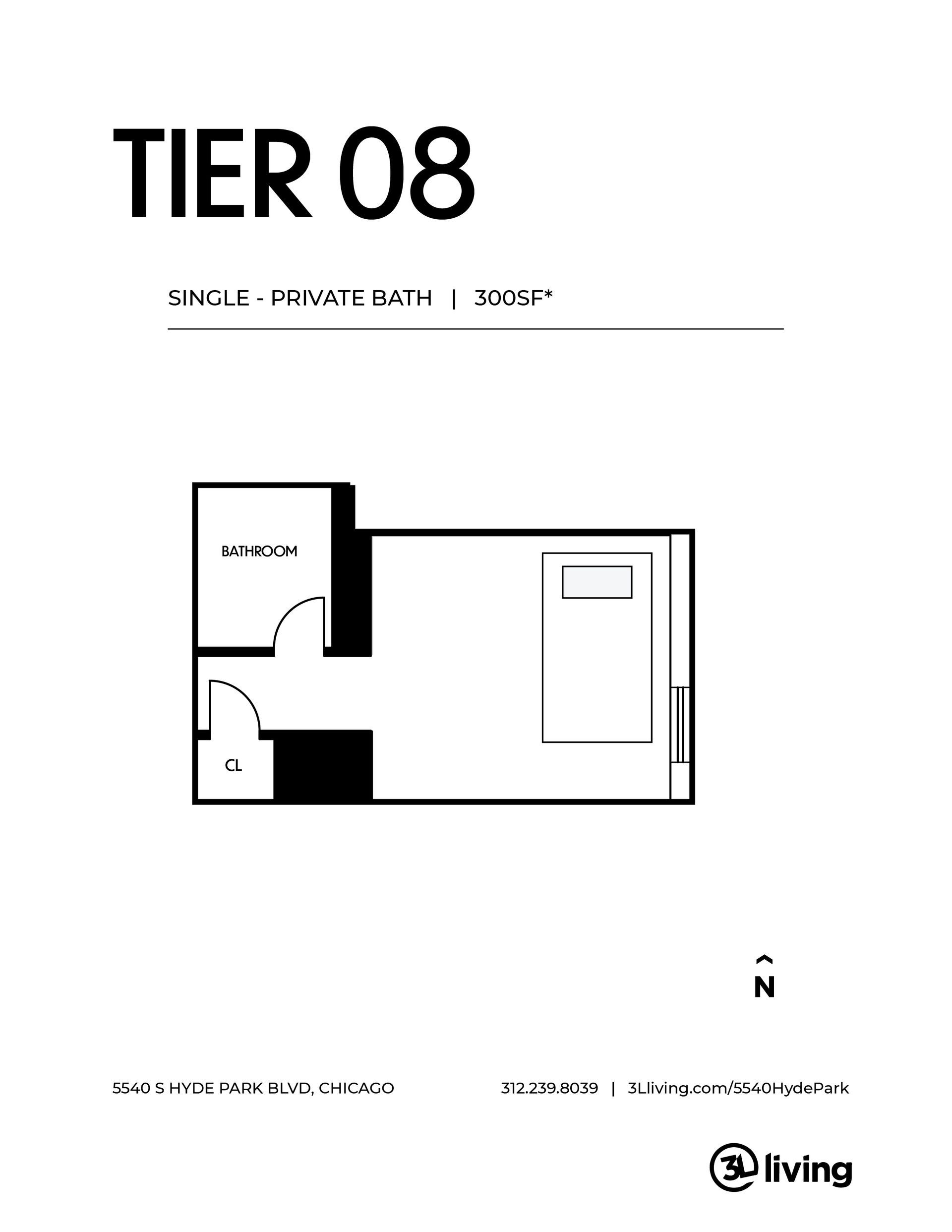 A black and white floor plan of a tier 08 apartment.