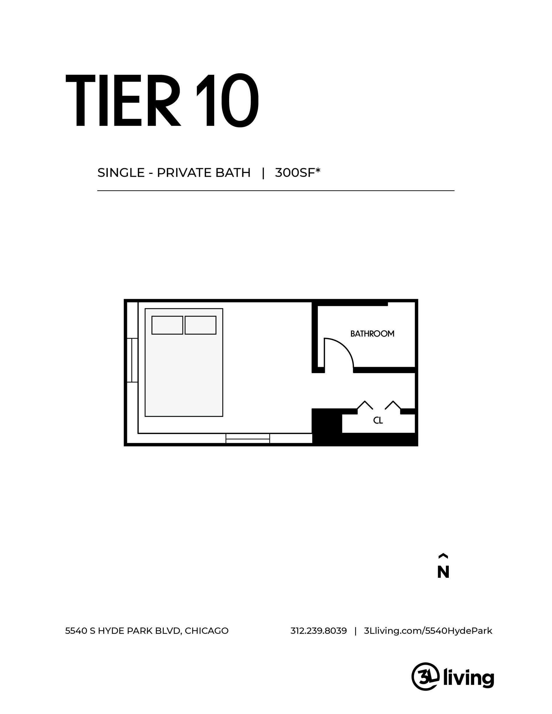 A black and white floor plan of a tier 10 apartment.