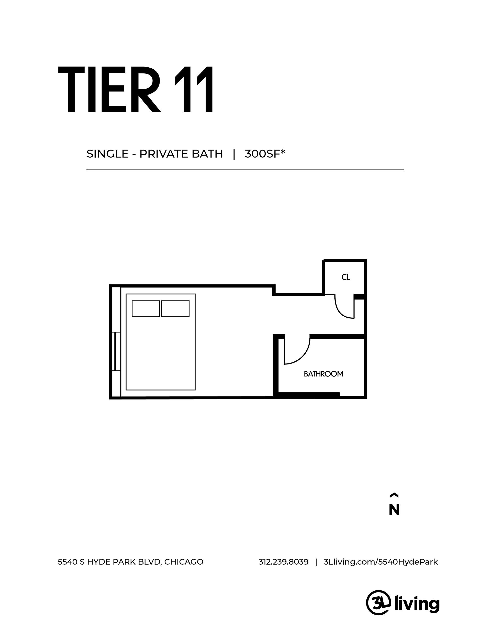 A black and white floor plan of a tier 11 apartment.