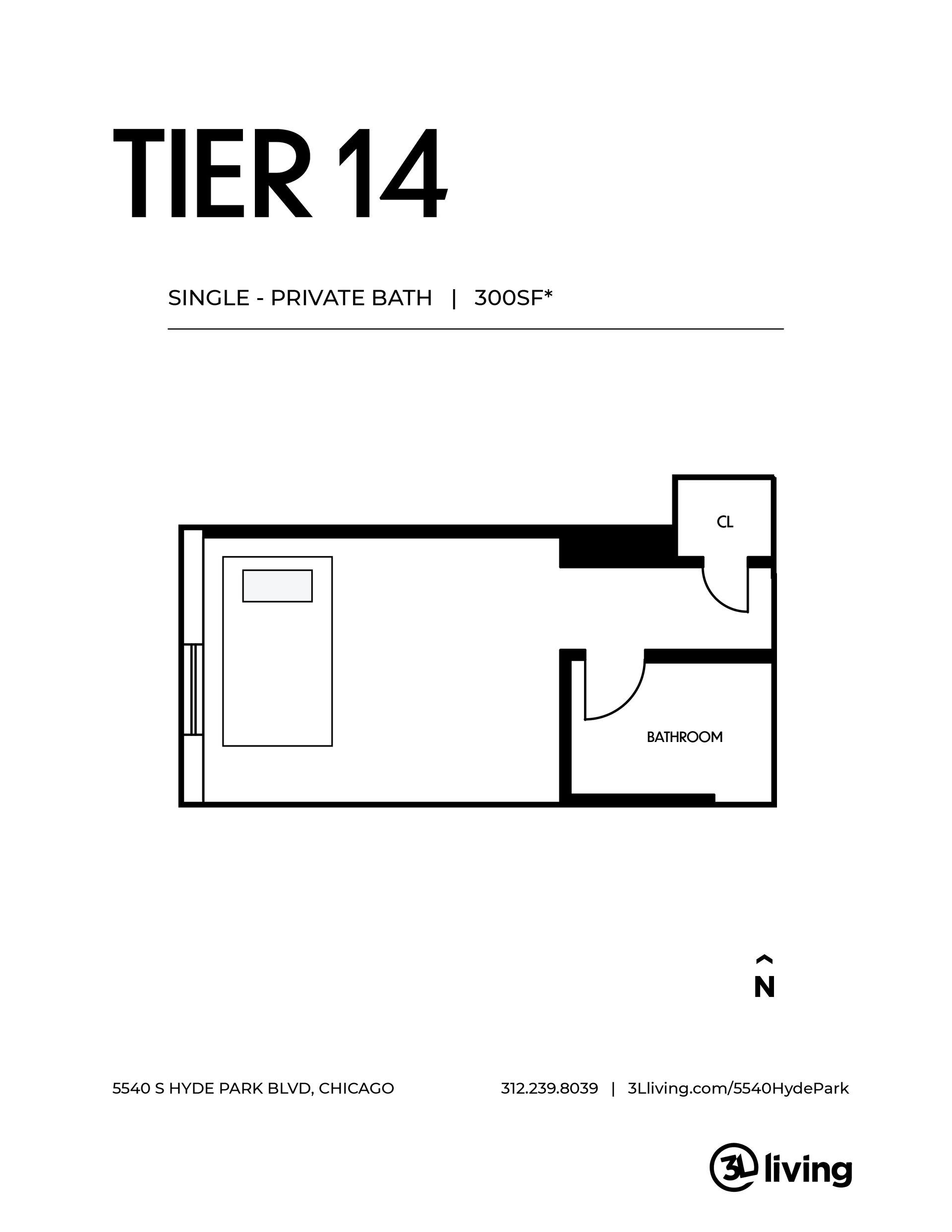 A black and white floor plan of a tier 14 apartment.