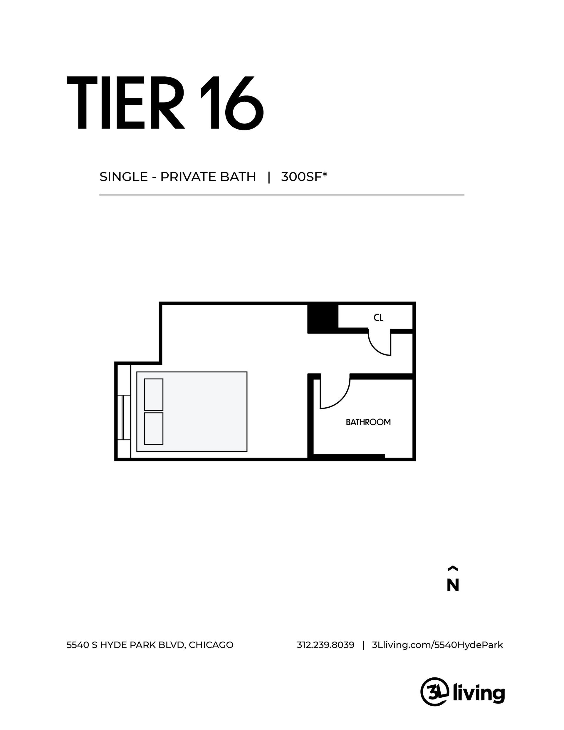 A black and white floor plan of a tier 16 apartment.