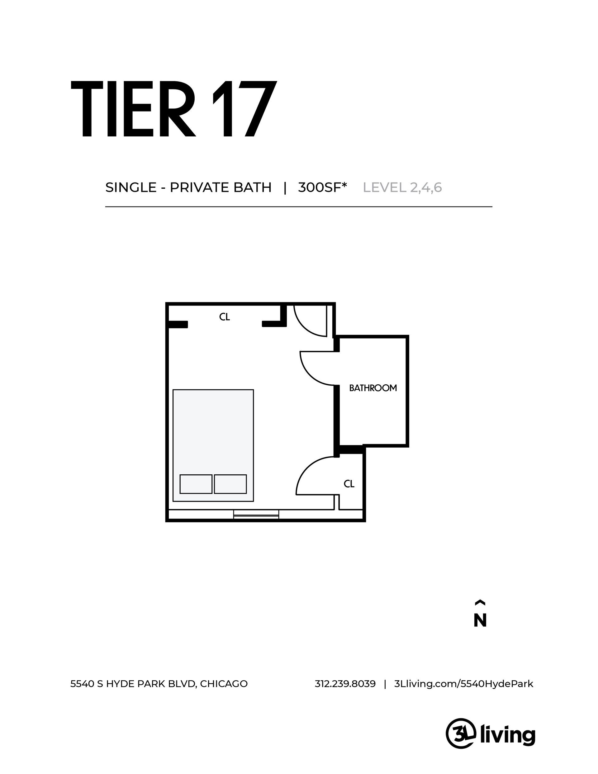 A black and white floor plan of a tier 17 apartment.