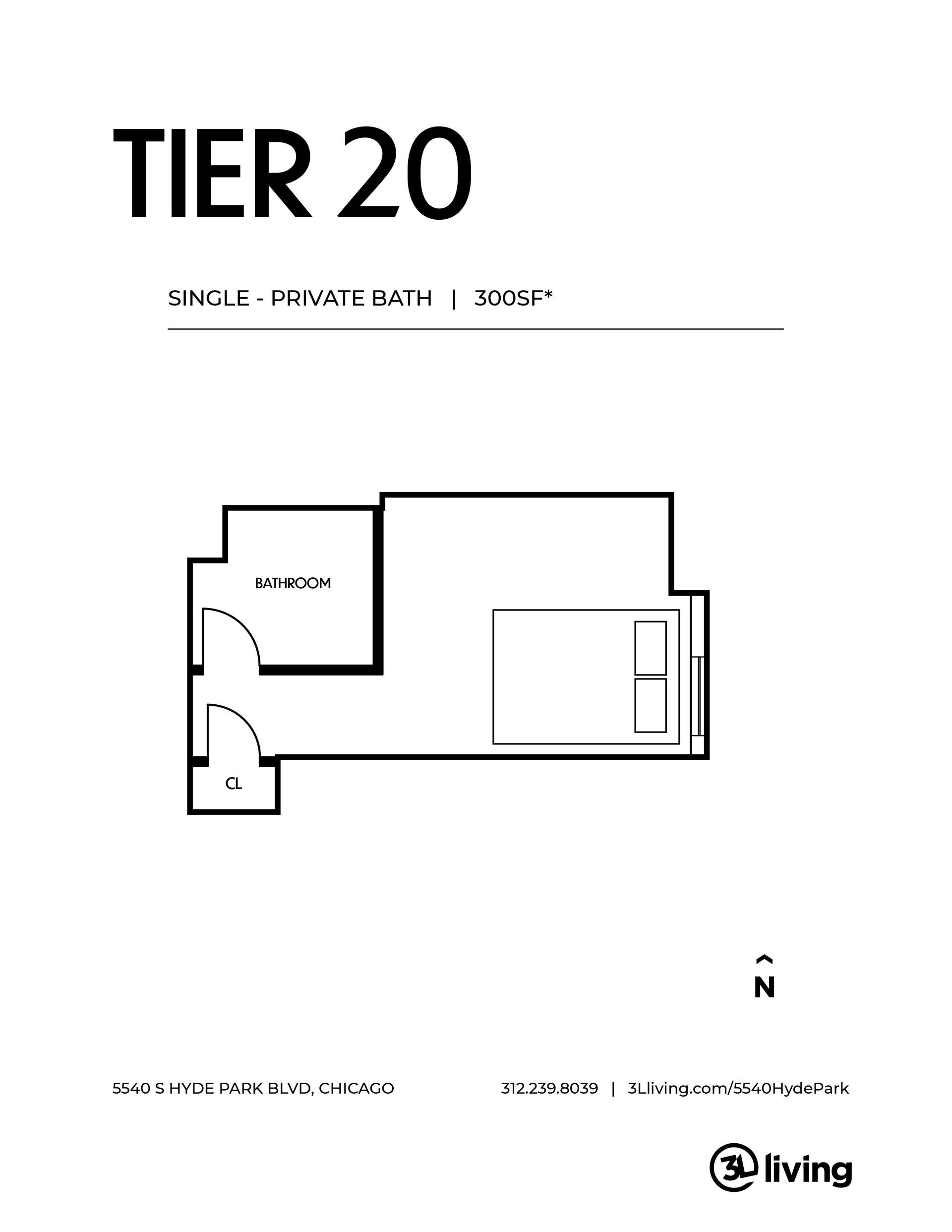 A black and white floor plan of a tier 20 apartment.