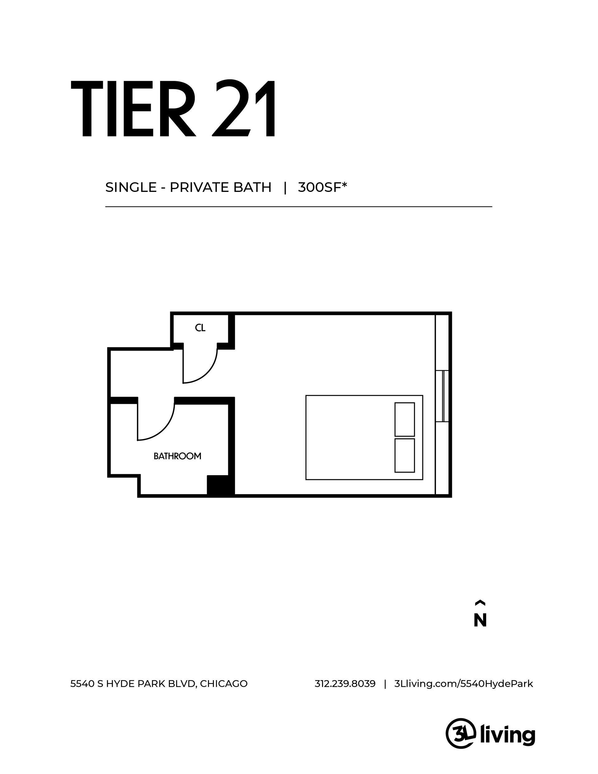 A black and white floor plan of a tier 21 apartment.