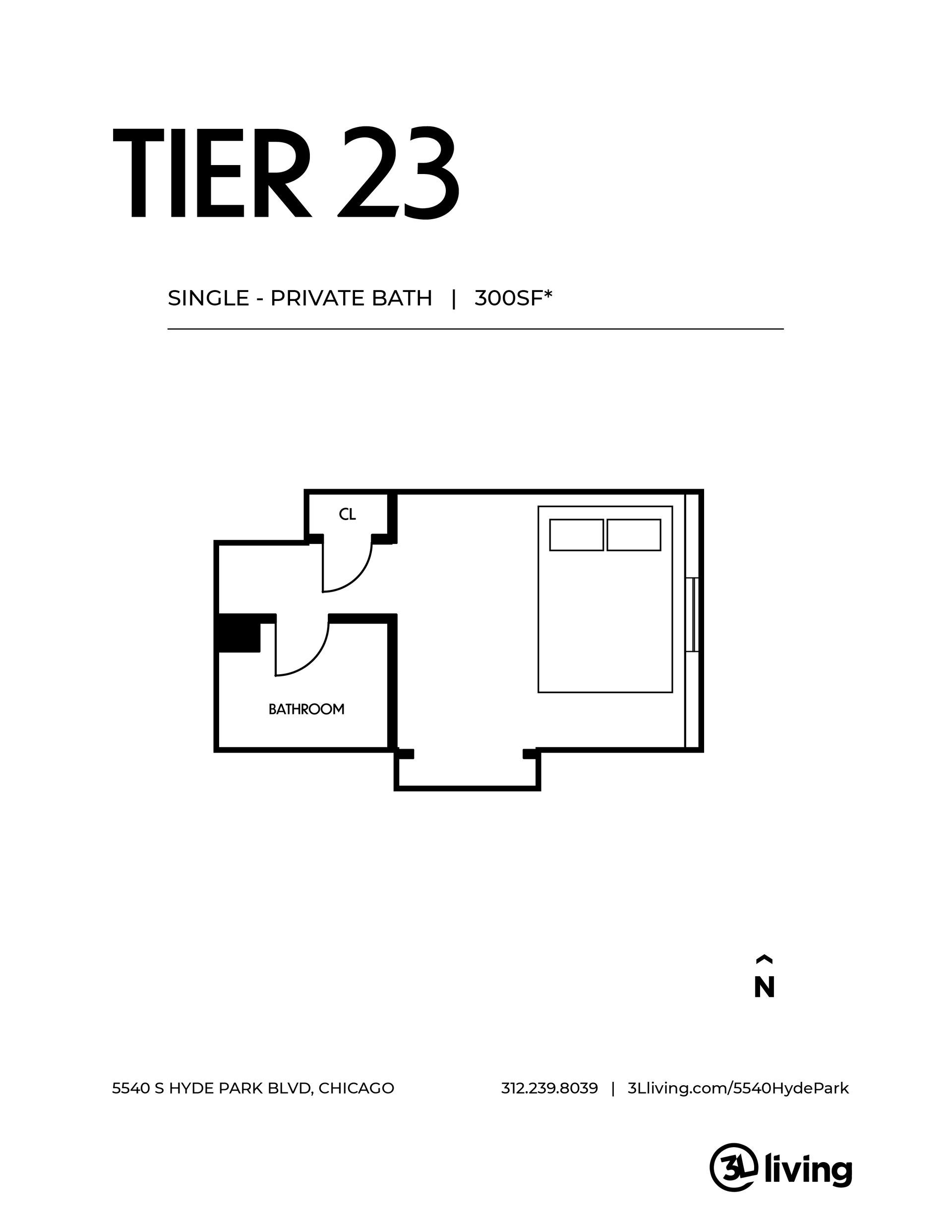 A black and white floor plan of a tier 23 apartment.