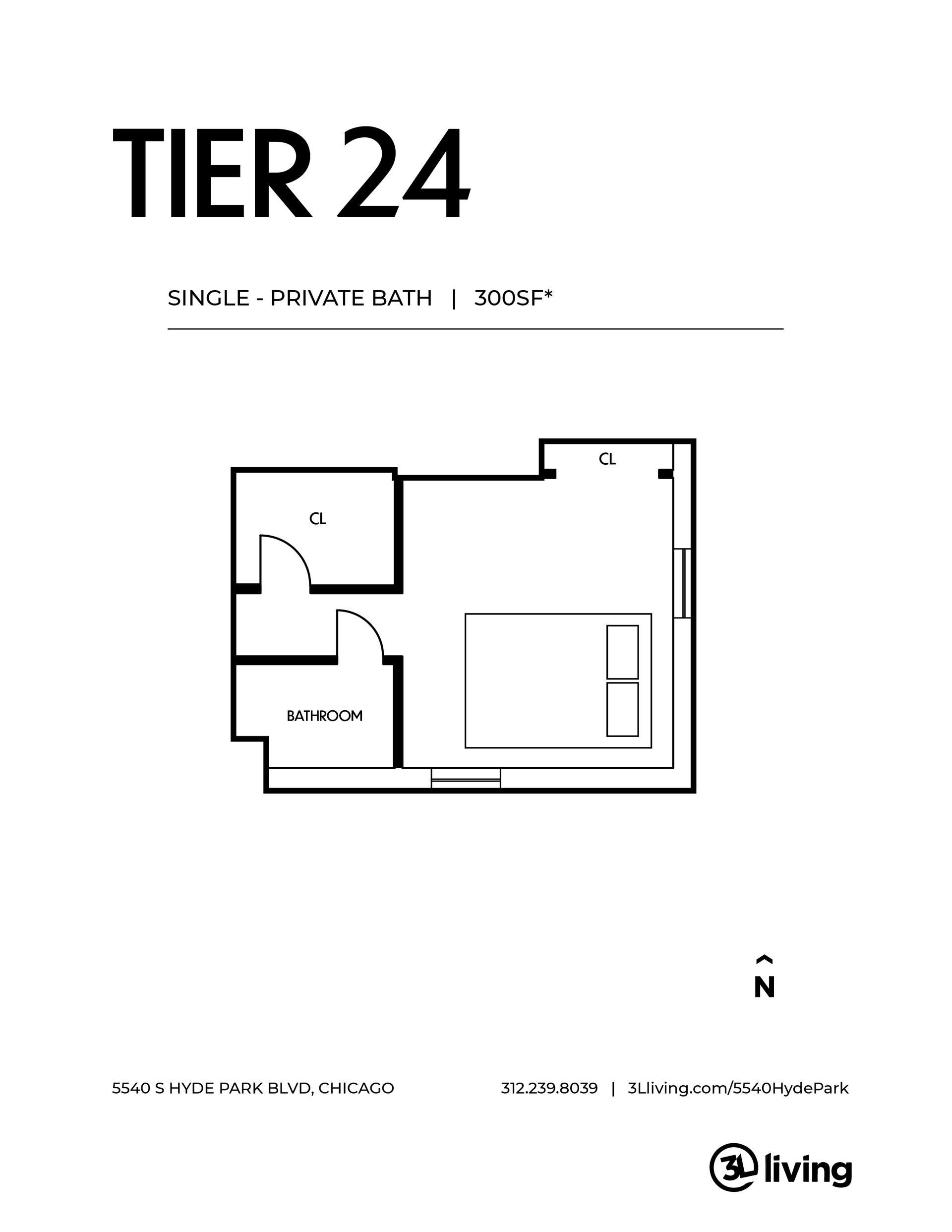 A black and white floor plan of a tier 24 apartment.