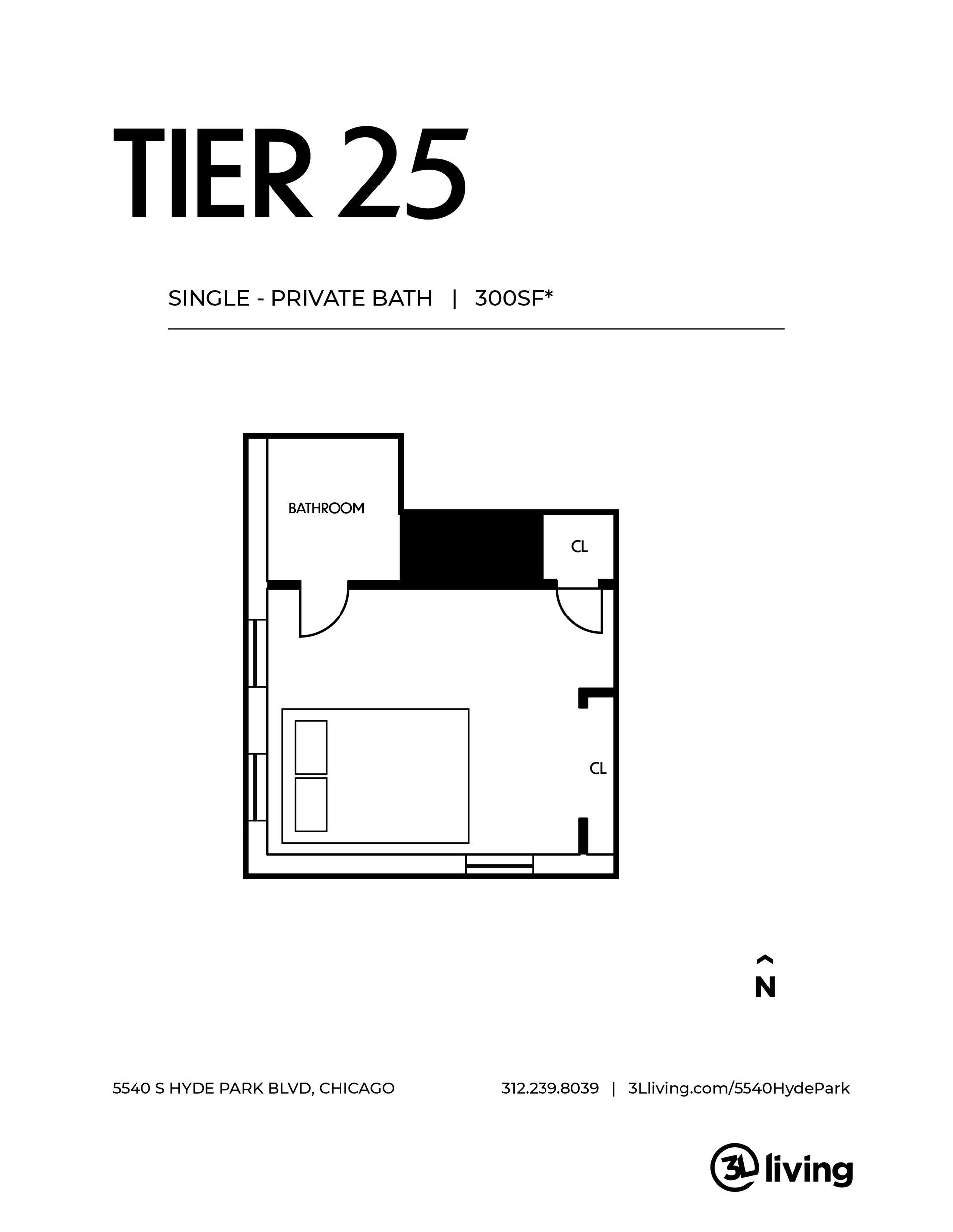 A black and white floor plan of a tier 25 apartment.