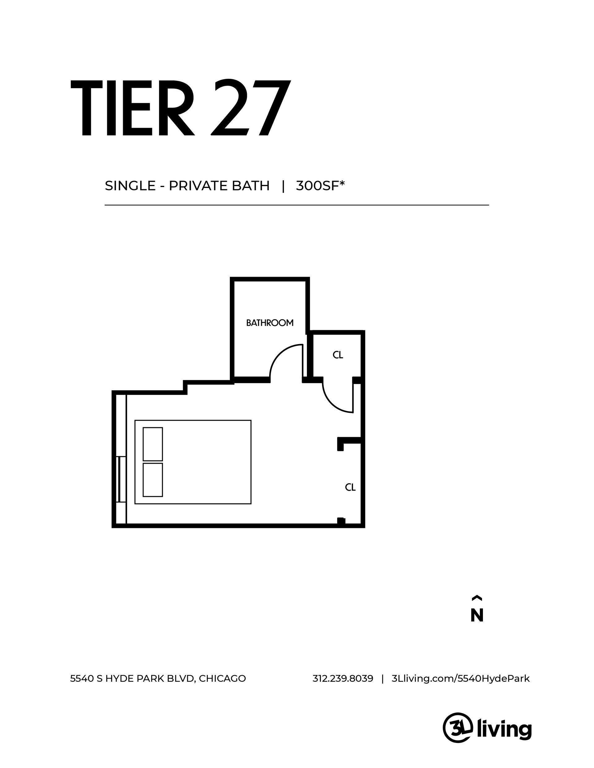 A black and white floor plan of a tier 27 apartment.