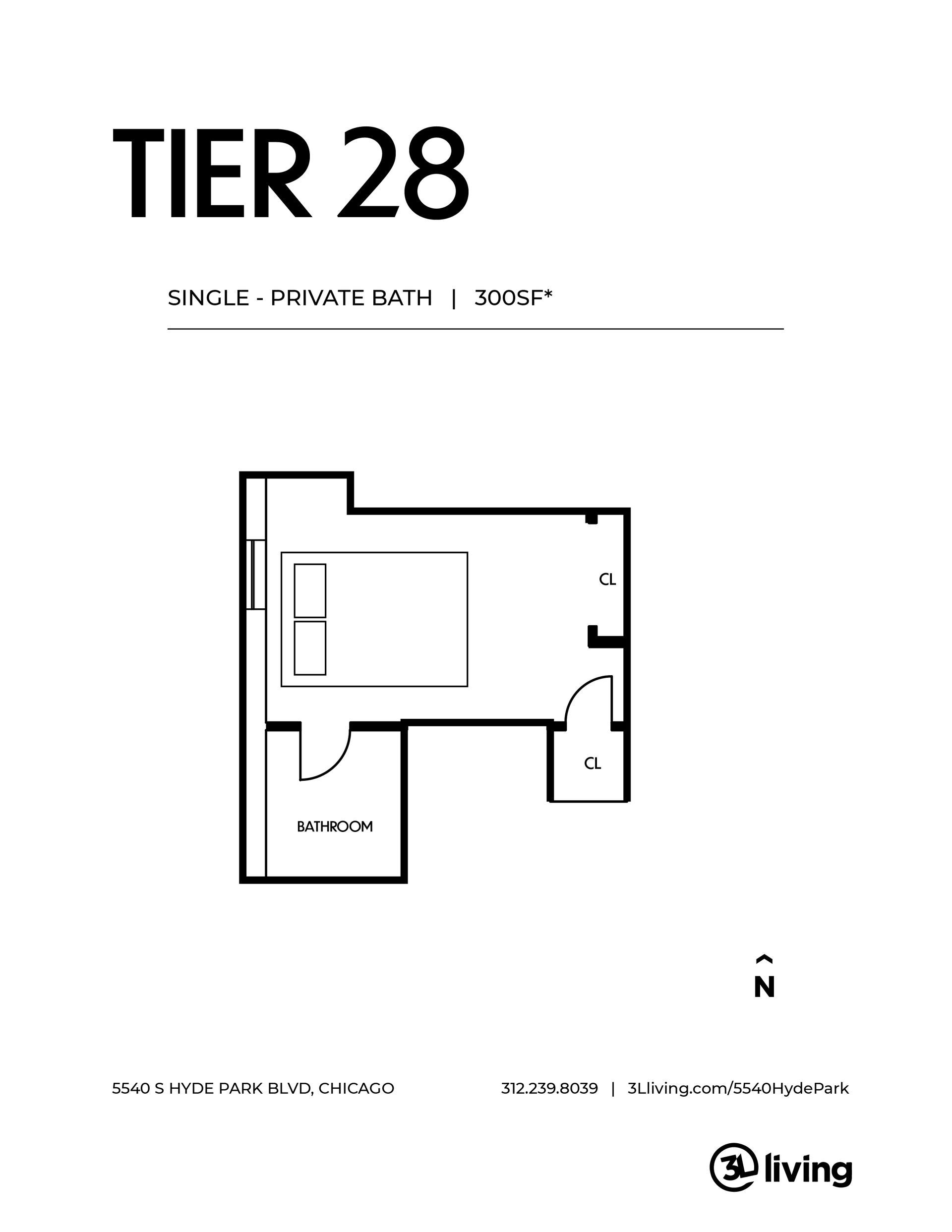 A black and white floor plan of a tier 28 apartment.