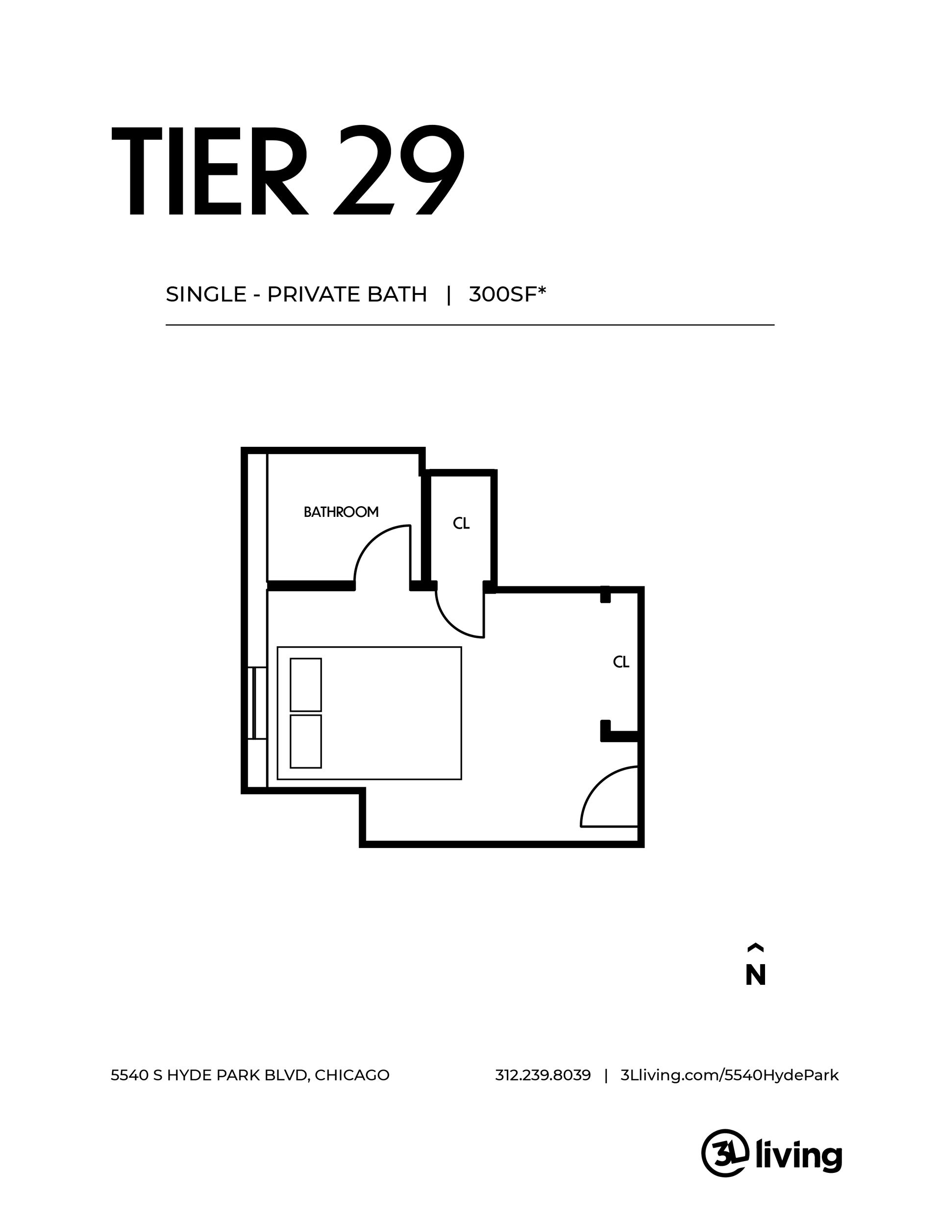 A black and white floor plan of a tier 29 apartment.