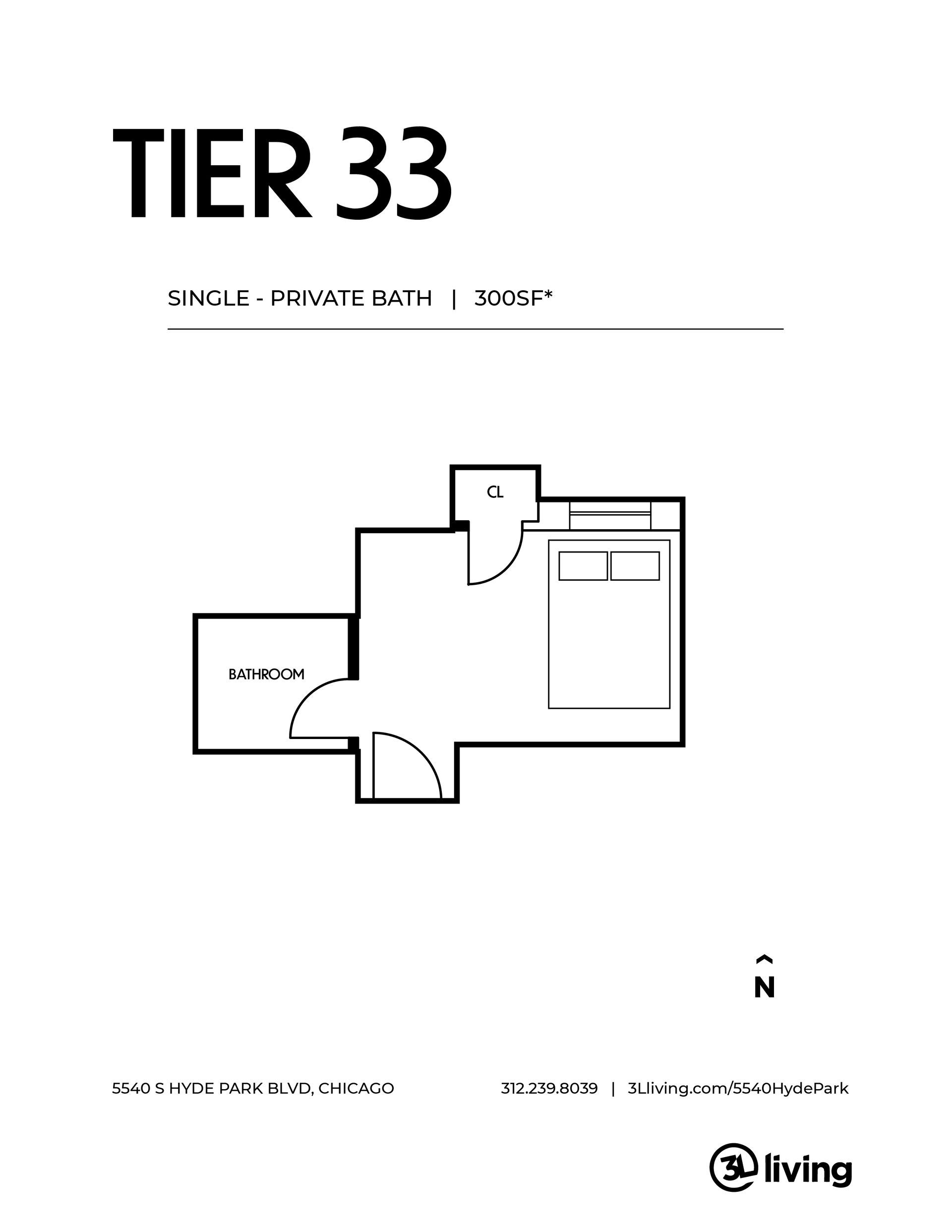 A black and white floor plan of a tier 33 apartment.