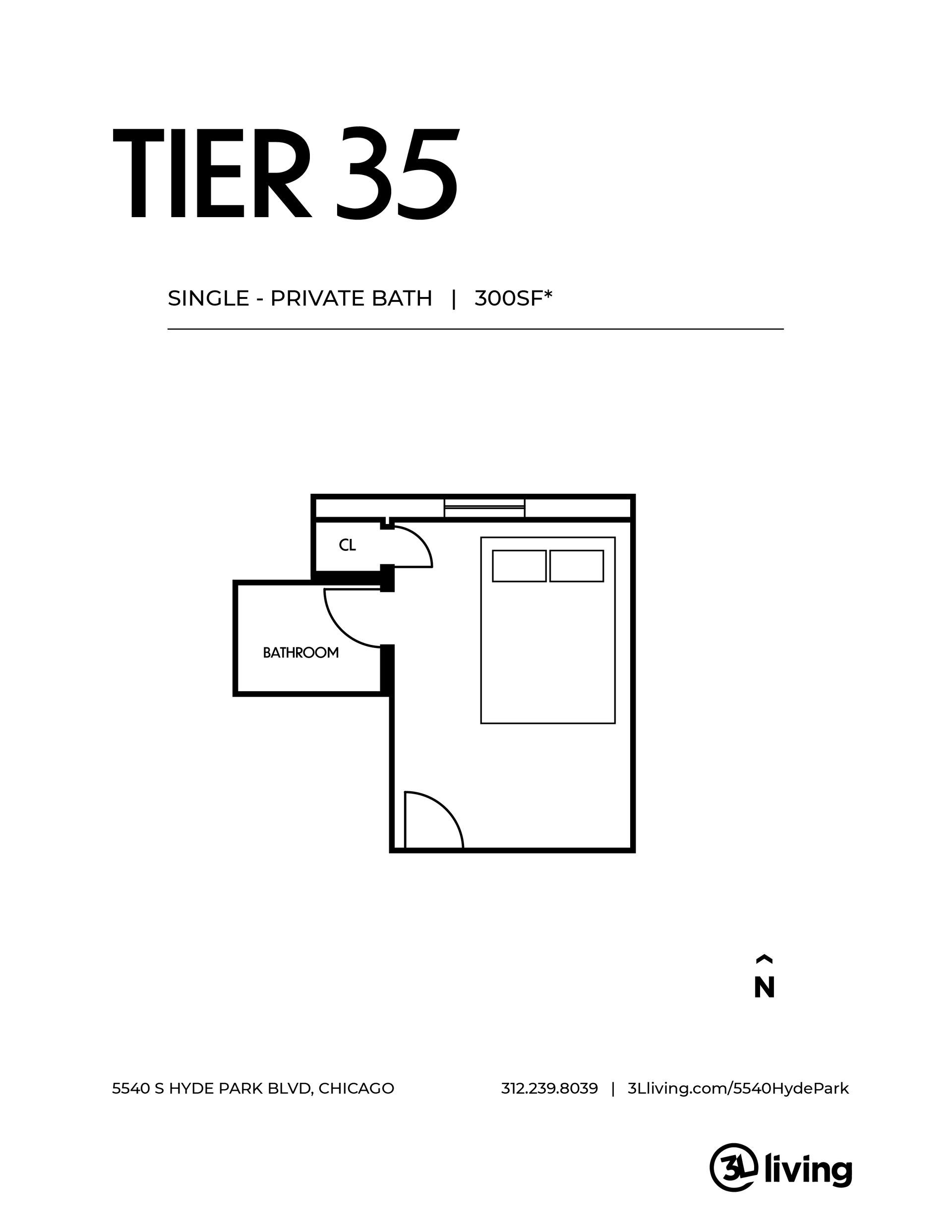 A black and white floor plan of a tier 35 apartment.