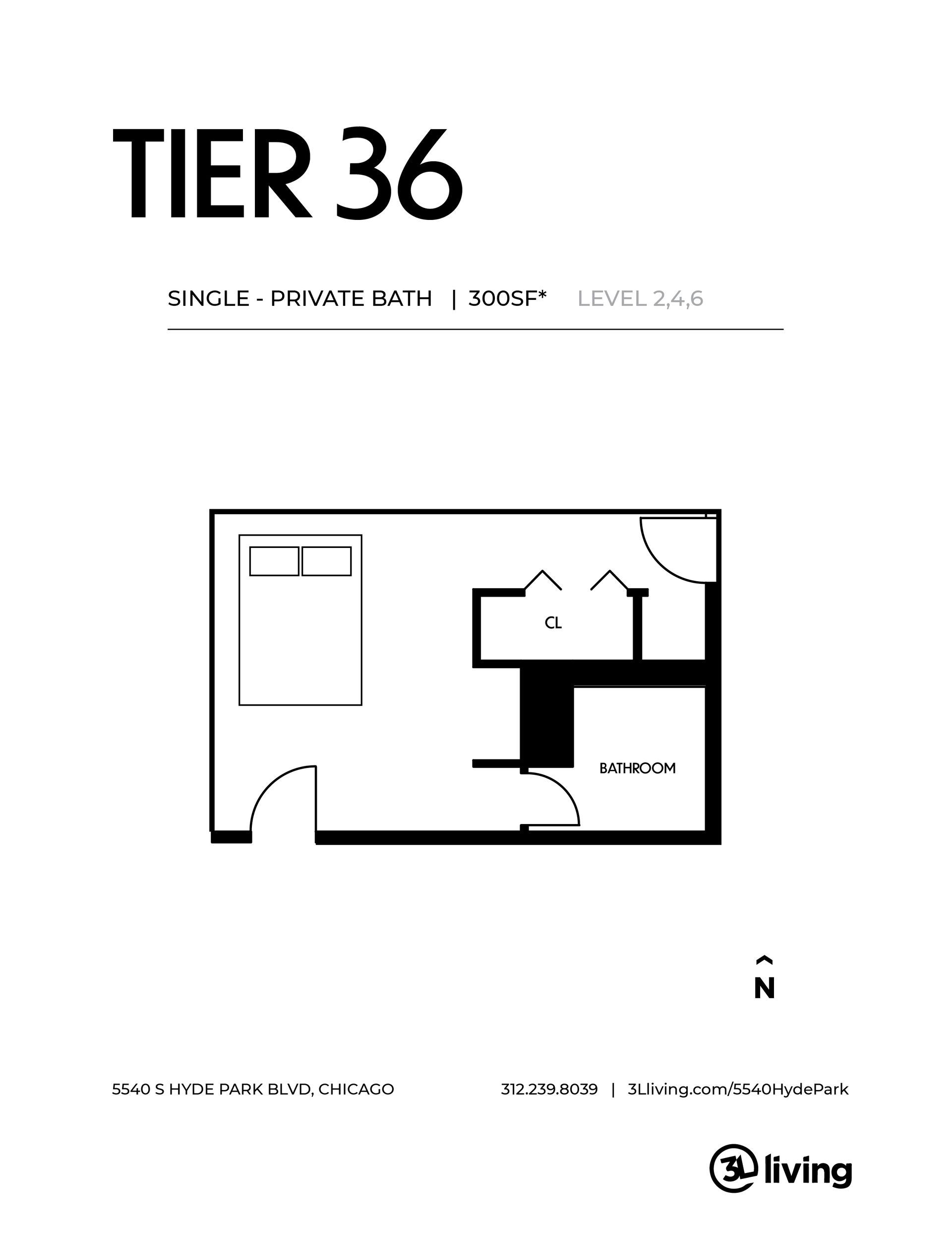 A black and white floor plan of a tier 36 apartment.