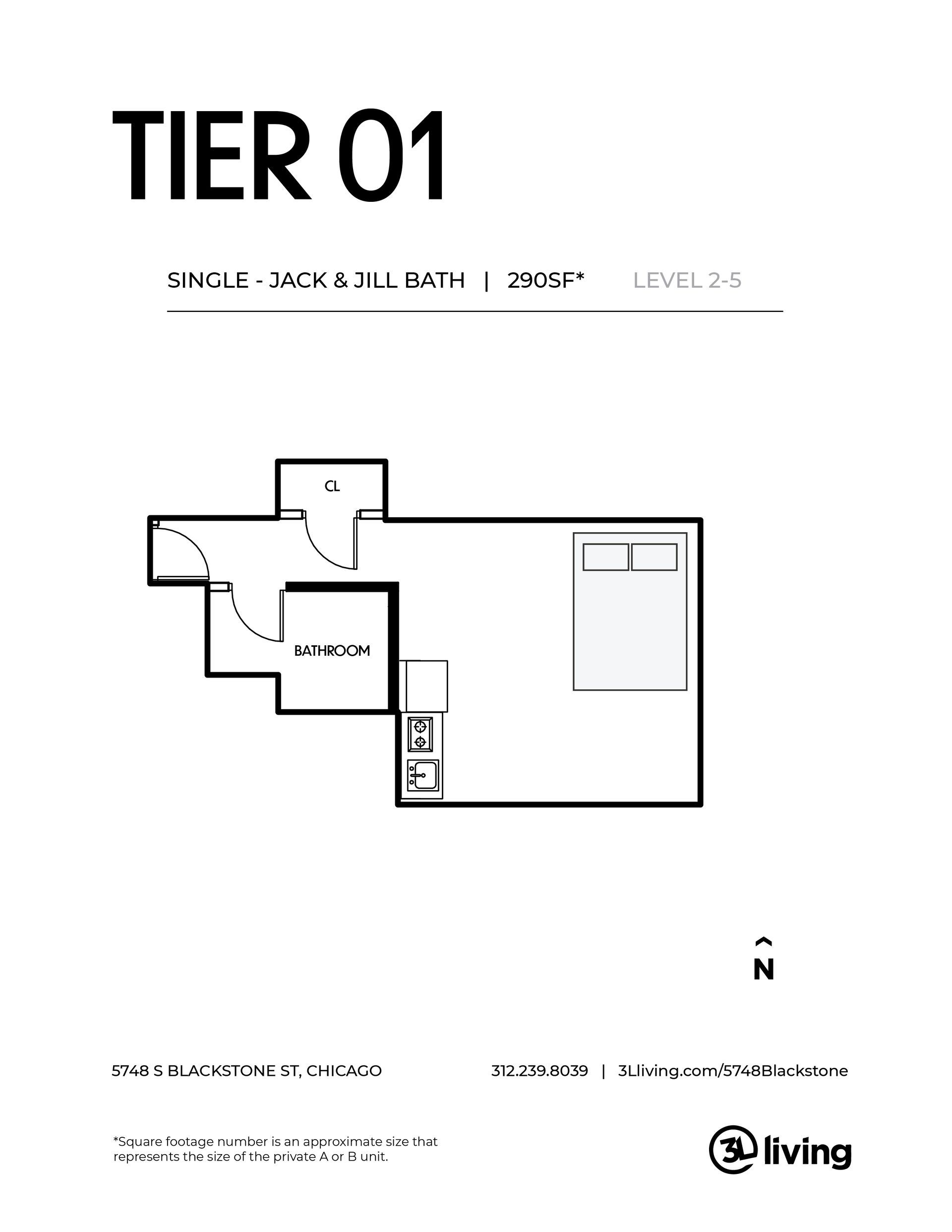 A black and white floor plan of a tier 01 apartment.